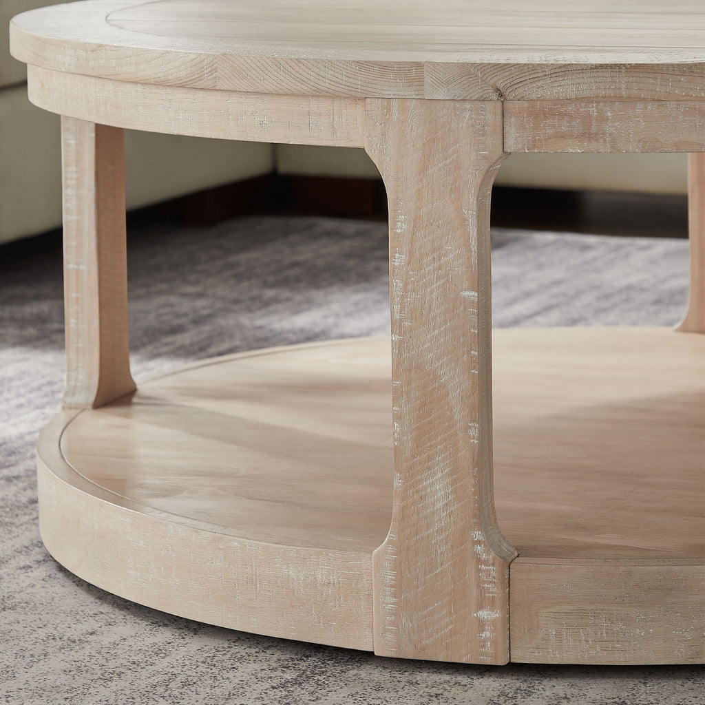 40-Inch Round 2-Tier Coffee Table — Rustic Wooden Center Table with Wheels
