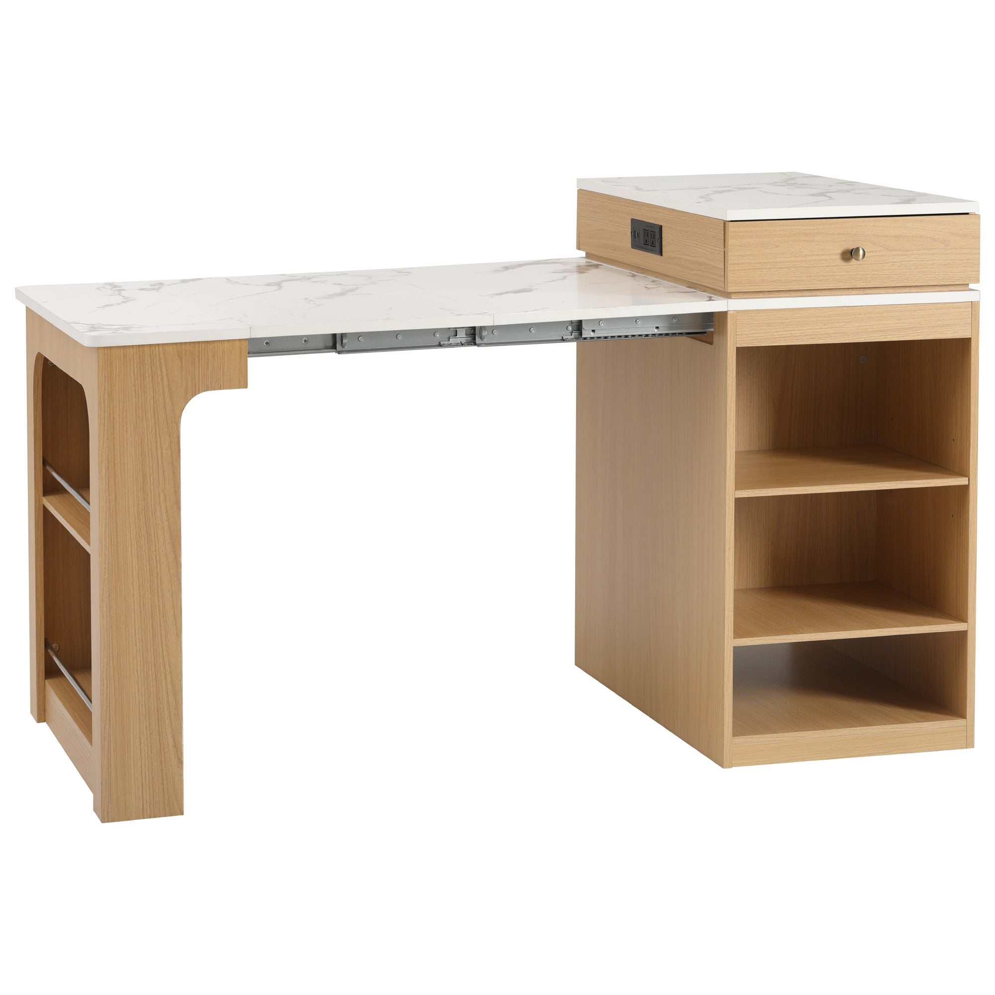 K&K 59.5' Kitchen Island with Extendable Dining Table, Kitchen Storage Table with Double-sided Storage, Kitchen Island with 2 Drawers, Power Outlet, Side Open Shelves, for Kitchen, Dining Room, Black