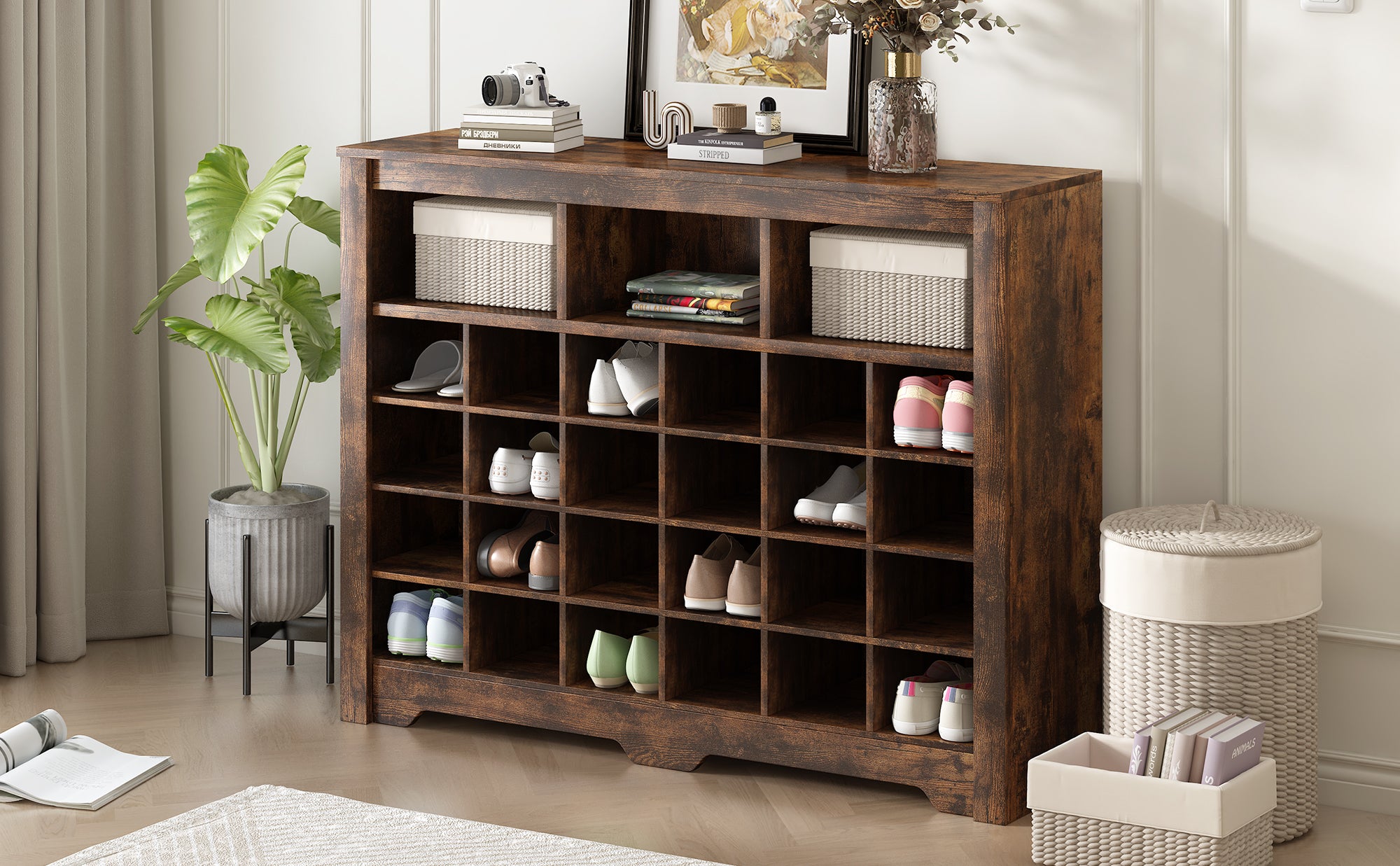 Rustic brown modern shoe cabinet product photo