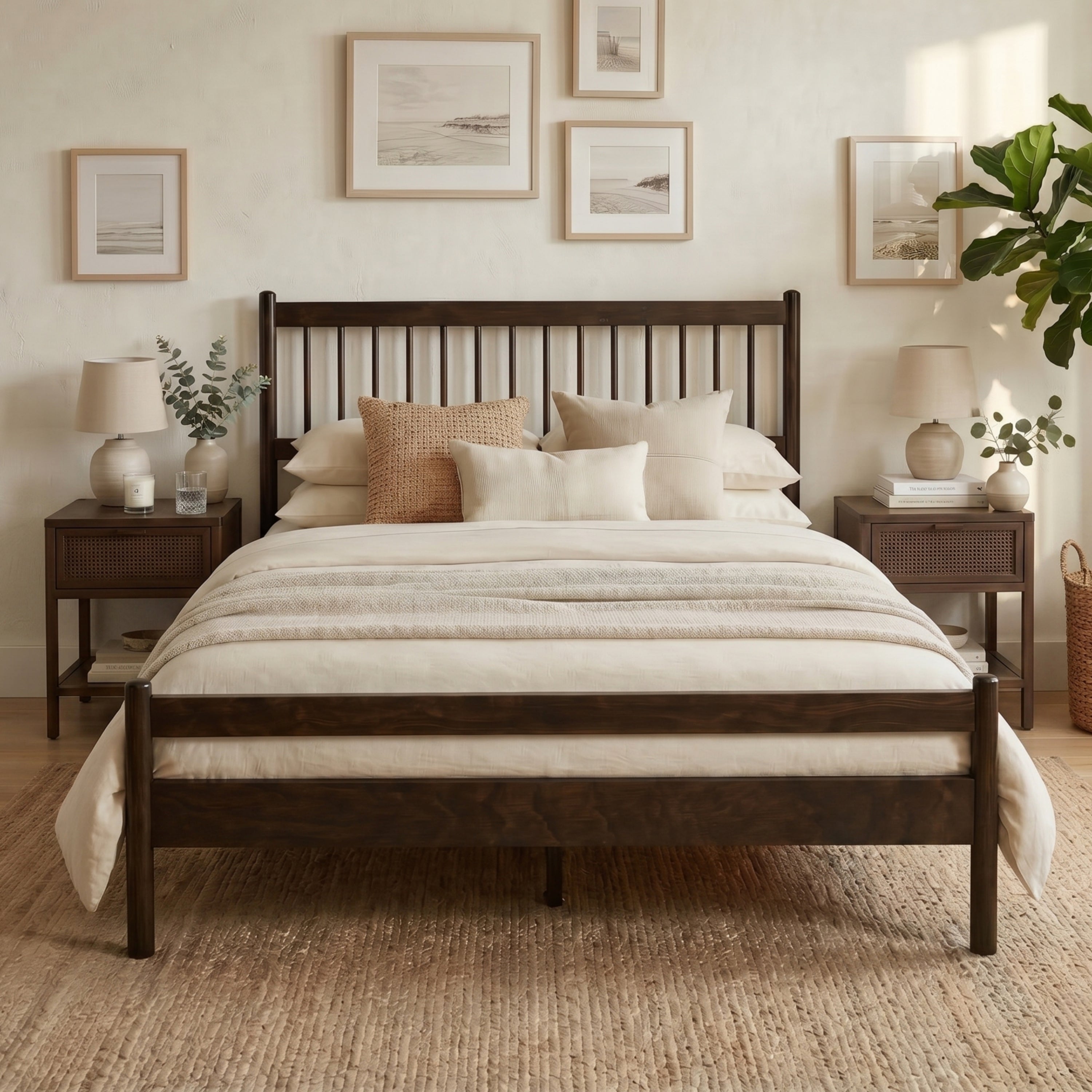 Traditional Style Queen Size Bed with Headboard and Footboard, Pinewood Bed with Strengthened Bed Frame ,Walnut