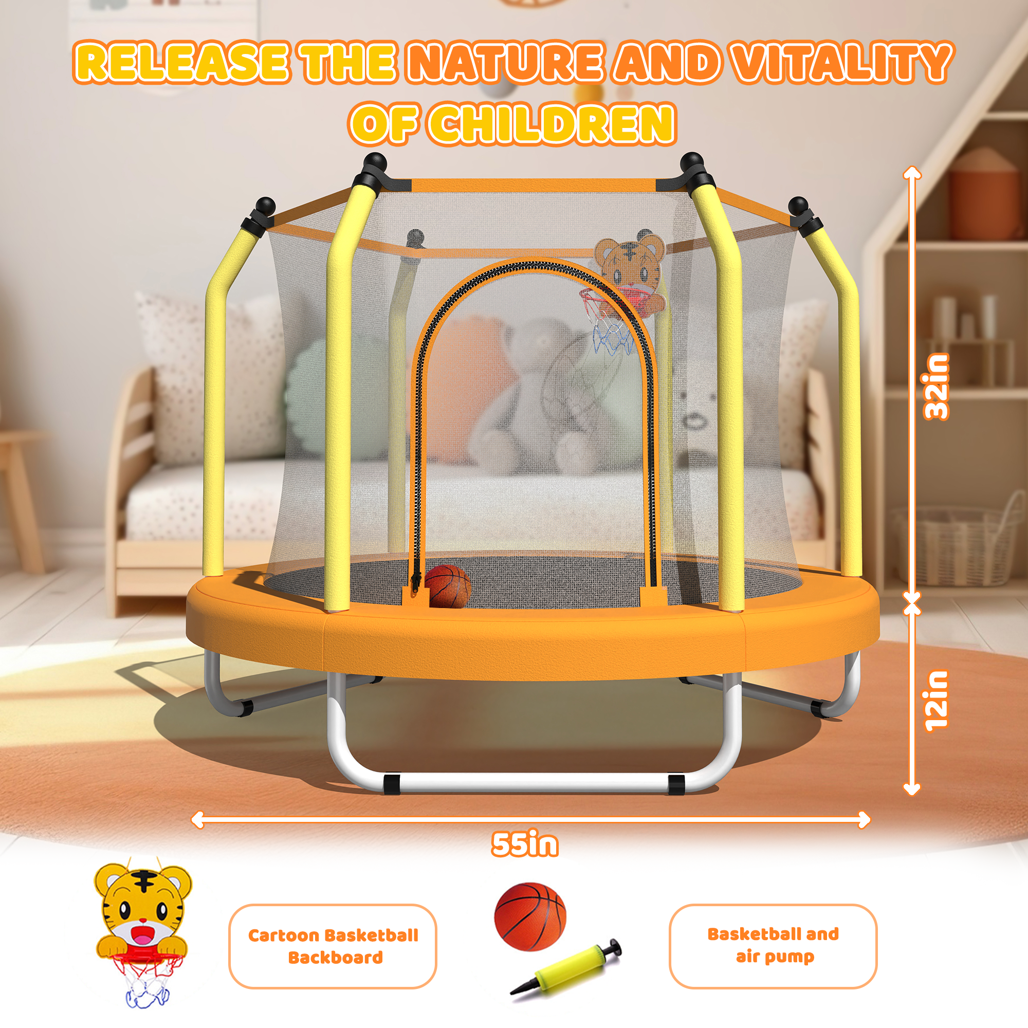 55-Inch Kids Trampoline with Safety Net & Basketball Hoop