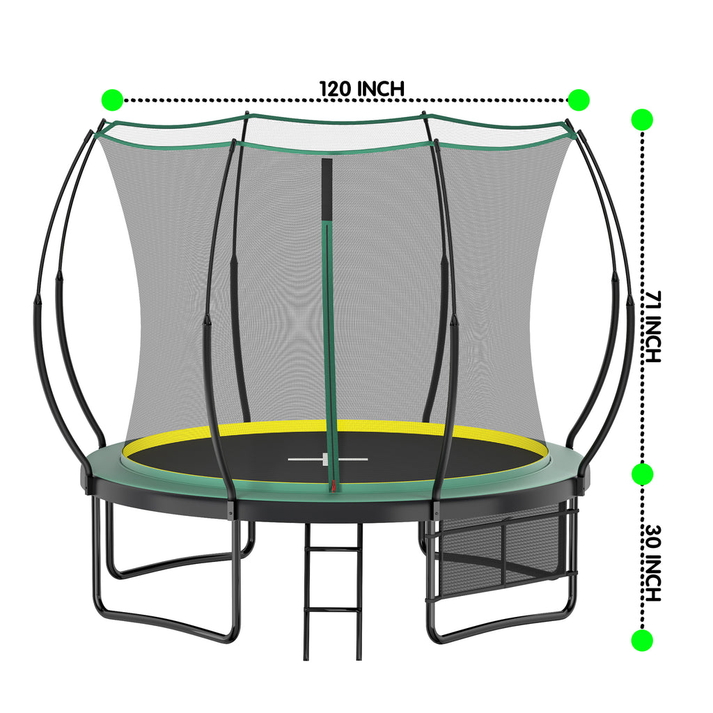 Green springfree trampoline jumping mat and net detail