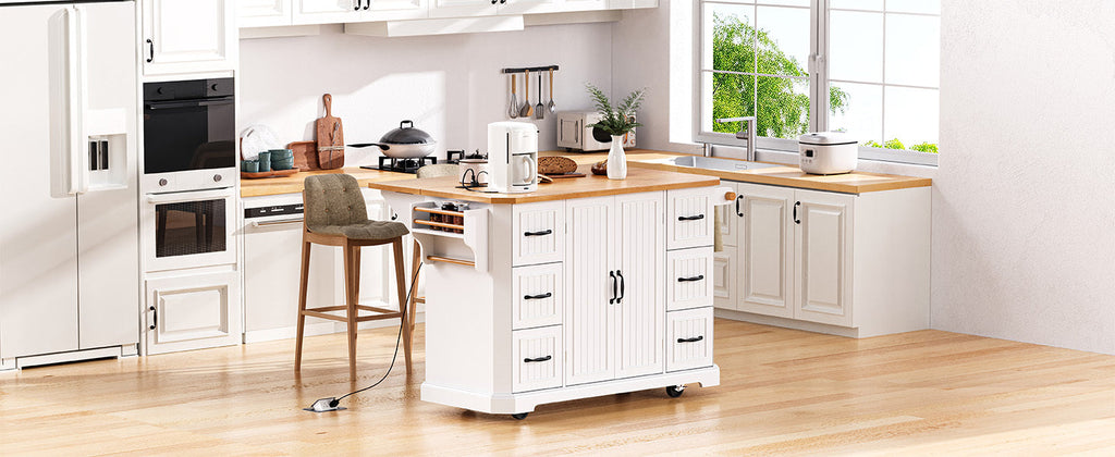 K&K 56 inch Kitchen Island with Rubber Wood Veneer Drop Leaf, Power Outlet, 4 Door Shelves, Embossed Vertical Stripe Rolling Kitchen Cart on 4 Wheels with 6 Deep Drawers for Kitchen, Dining Room,Black