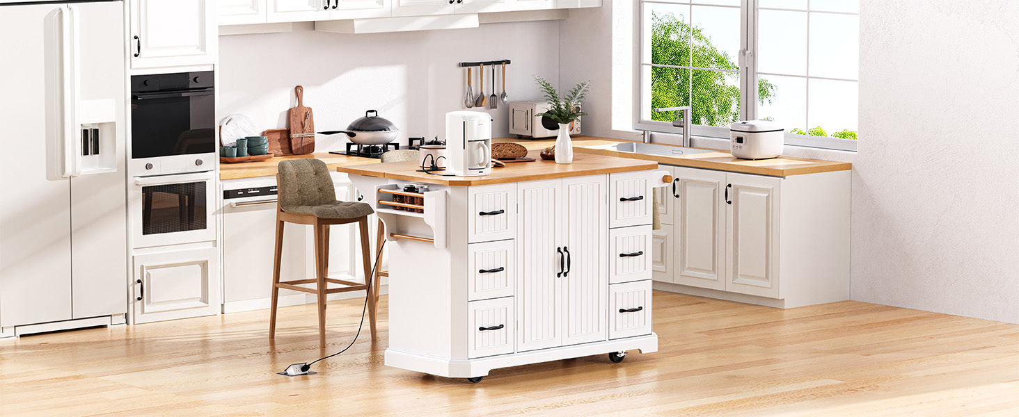 K&K 56 inch Kitchen Island with Rubber Wood Veneer Drop Leaf, Power Outlet, 4 Door Shelves, Embossed Vertical Stripe Rolling Kitchen Cart on 4 Wheels with 6 Deep Drawers for Kitchen, Dining Room,Black