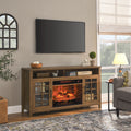 Reclaimed barnwood TV stand with electric fireplace — front view