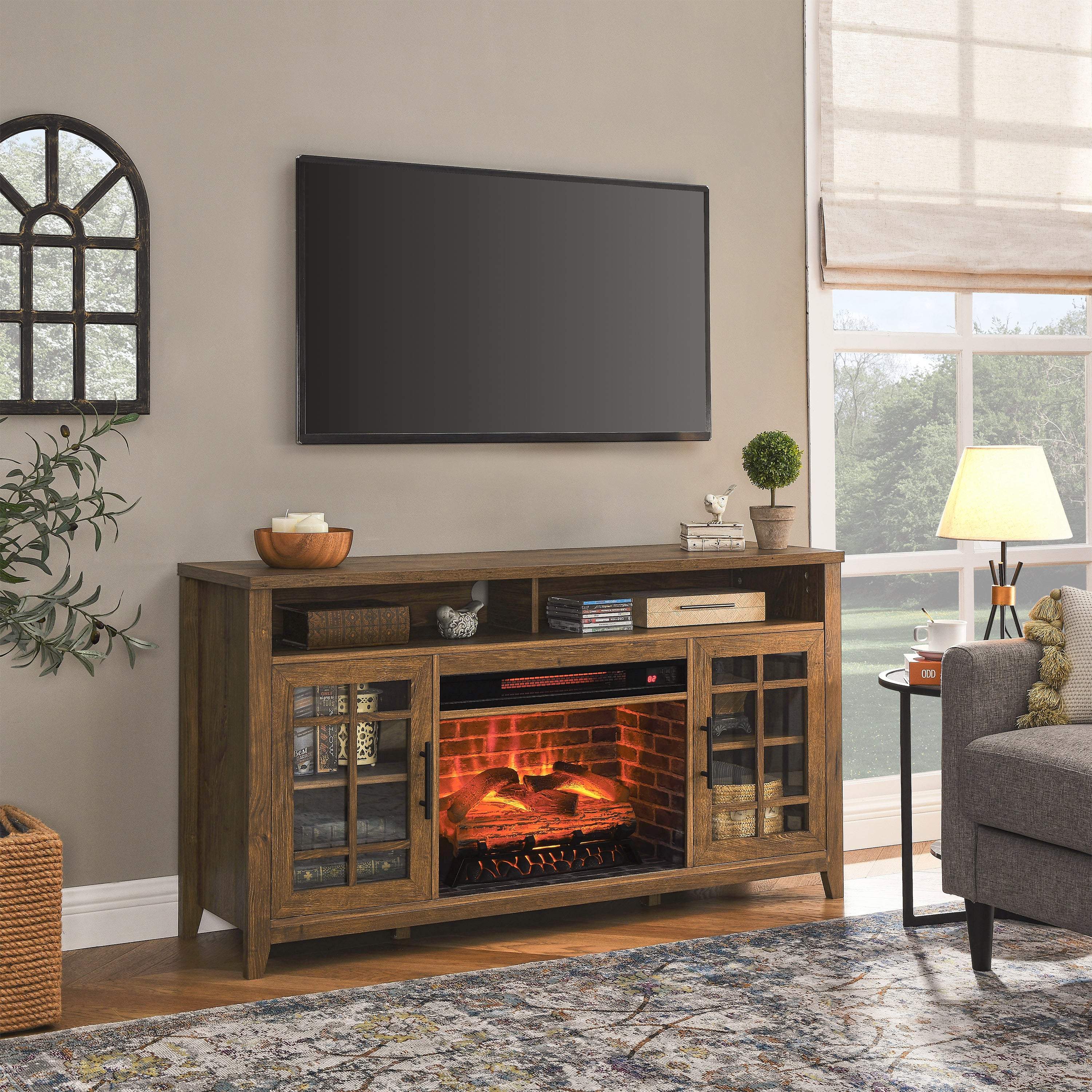 Reclaimed barnwood TV stand with electric fireplace — front view
