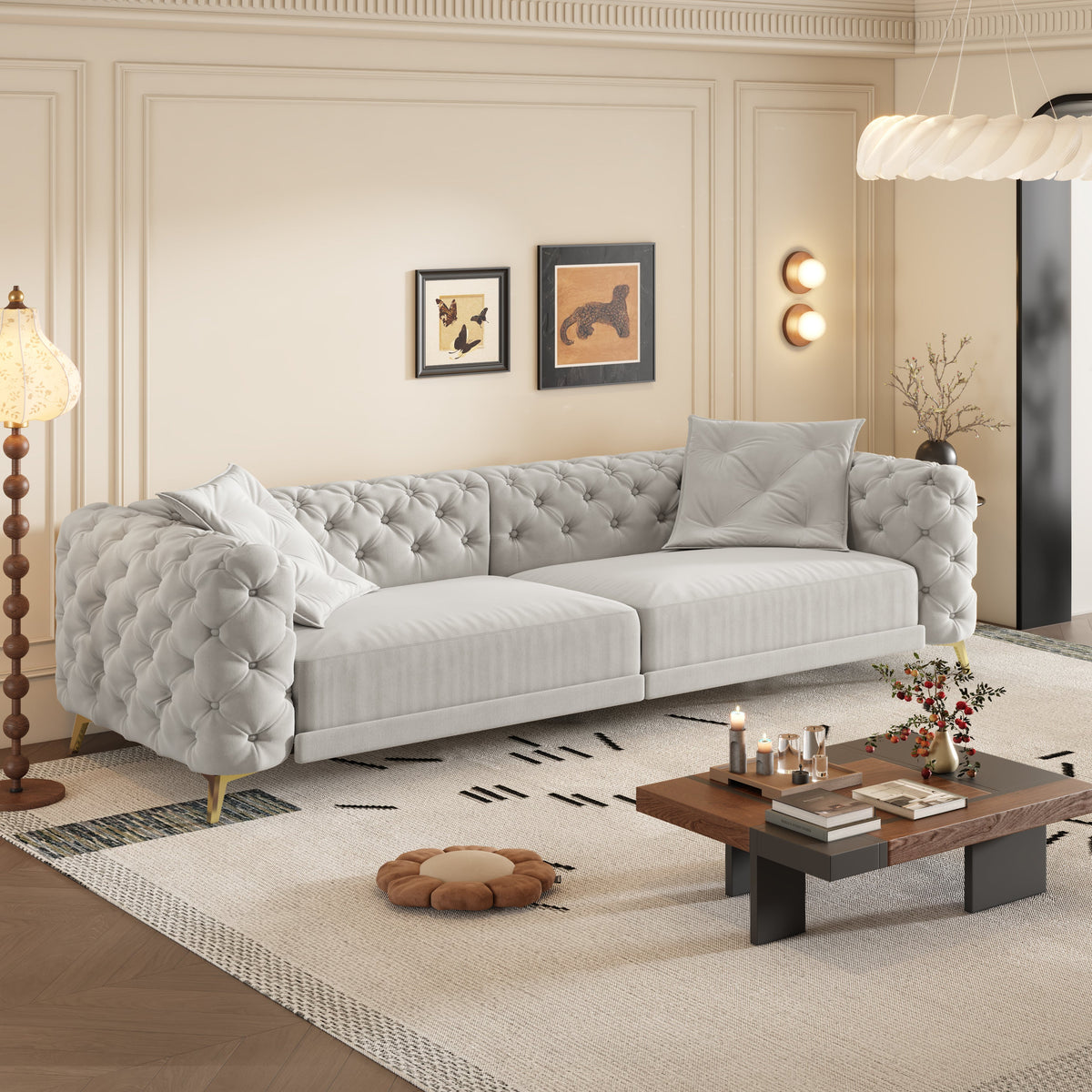 97.7' 3-in-1 Convertible Sleeper Sofa, 28.4' Deep Seat Pull Out Sofa Bed,Button Tufted Modern Sofa, 4-Seater Couch with Movable Ottoman for Apartment, Office, Bedroom,Beige/White