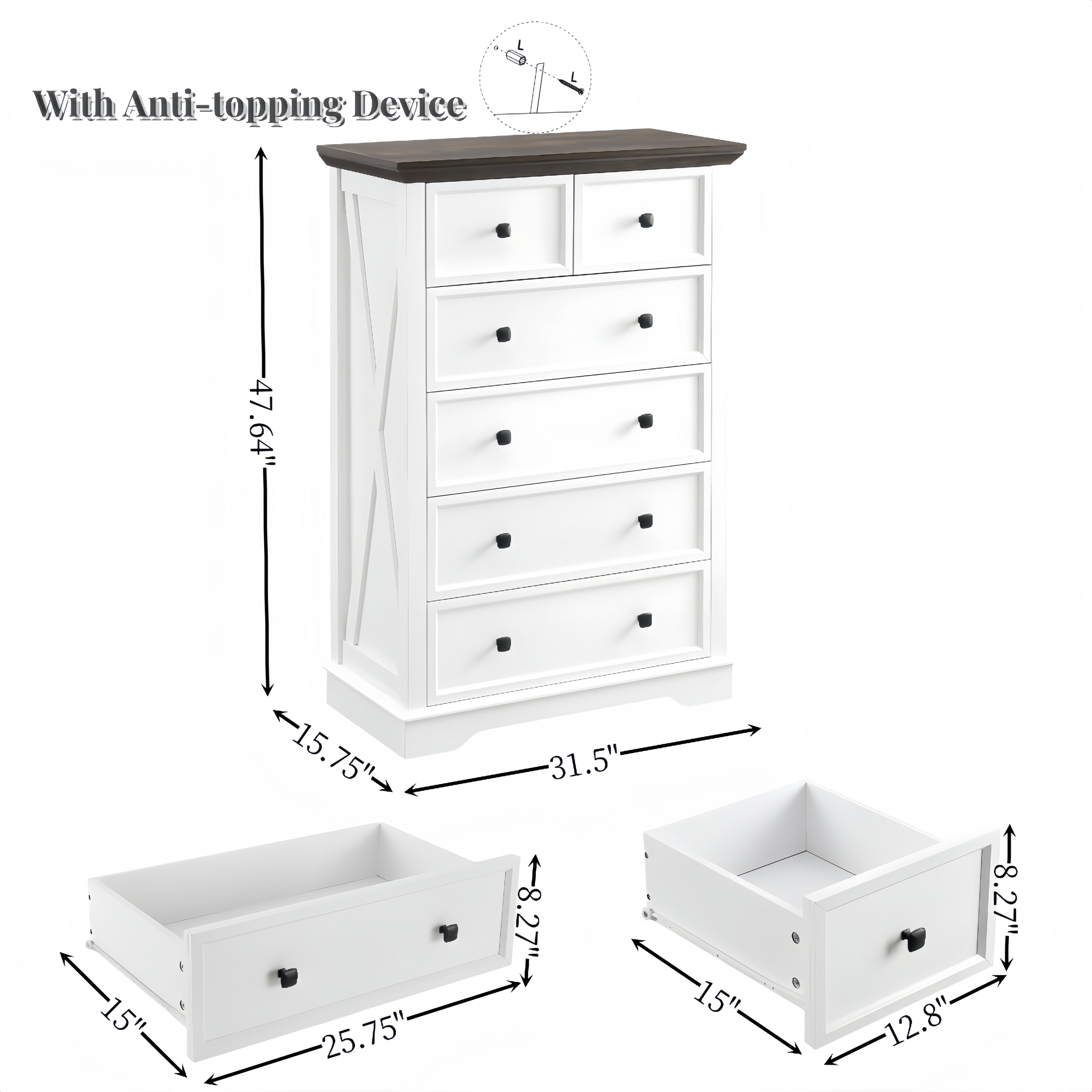 Six spacious drawers organized clothing storage