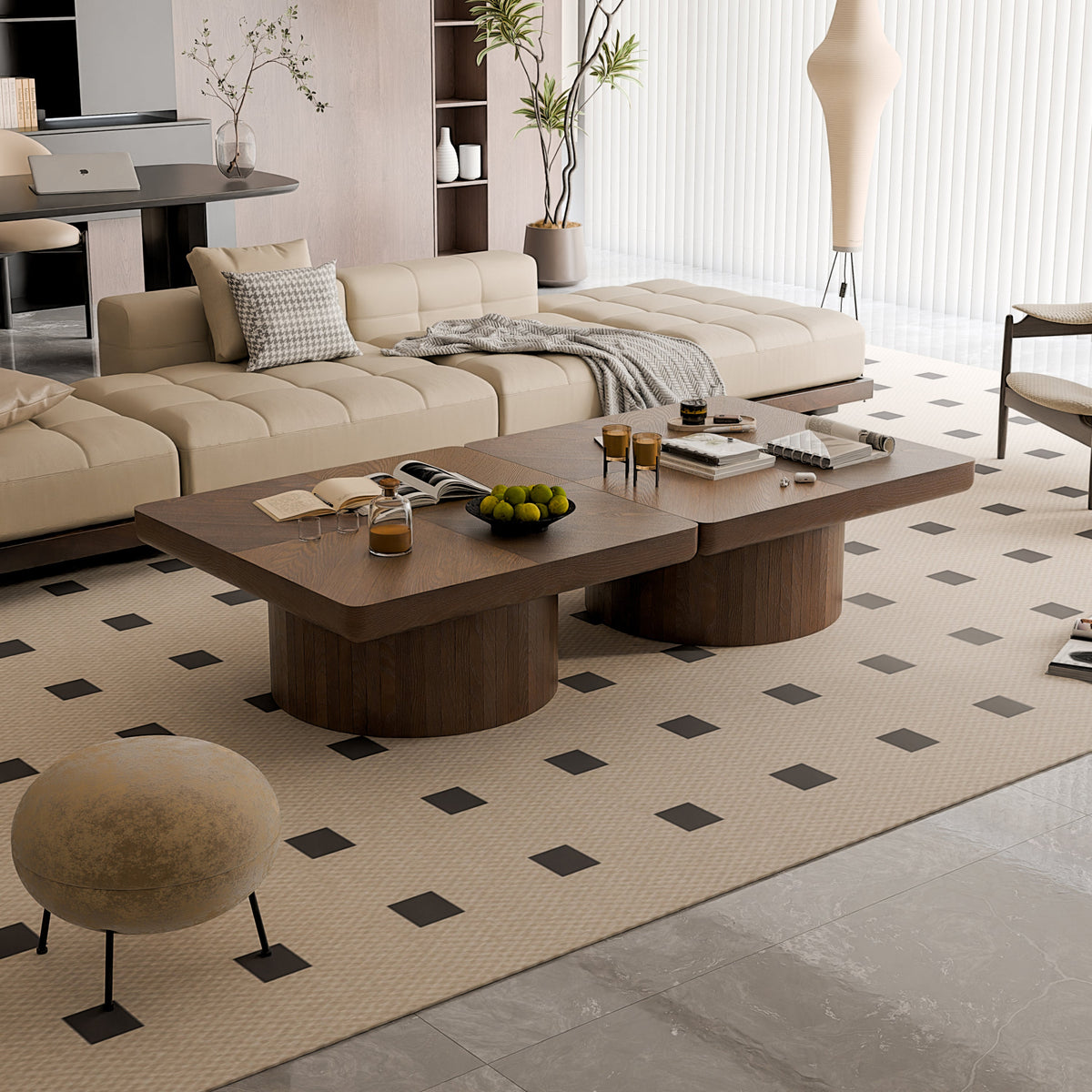 34.6'' Square Coffee Table for Living Room, Modern Wood Veneer Top with Parquet Pattern & Cylindrical Base, Thickened Tabletop, Easy Assembly, Natural Wood