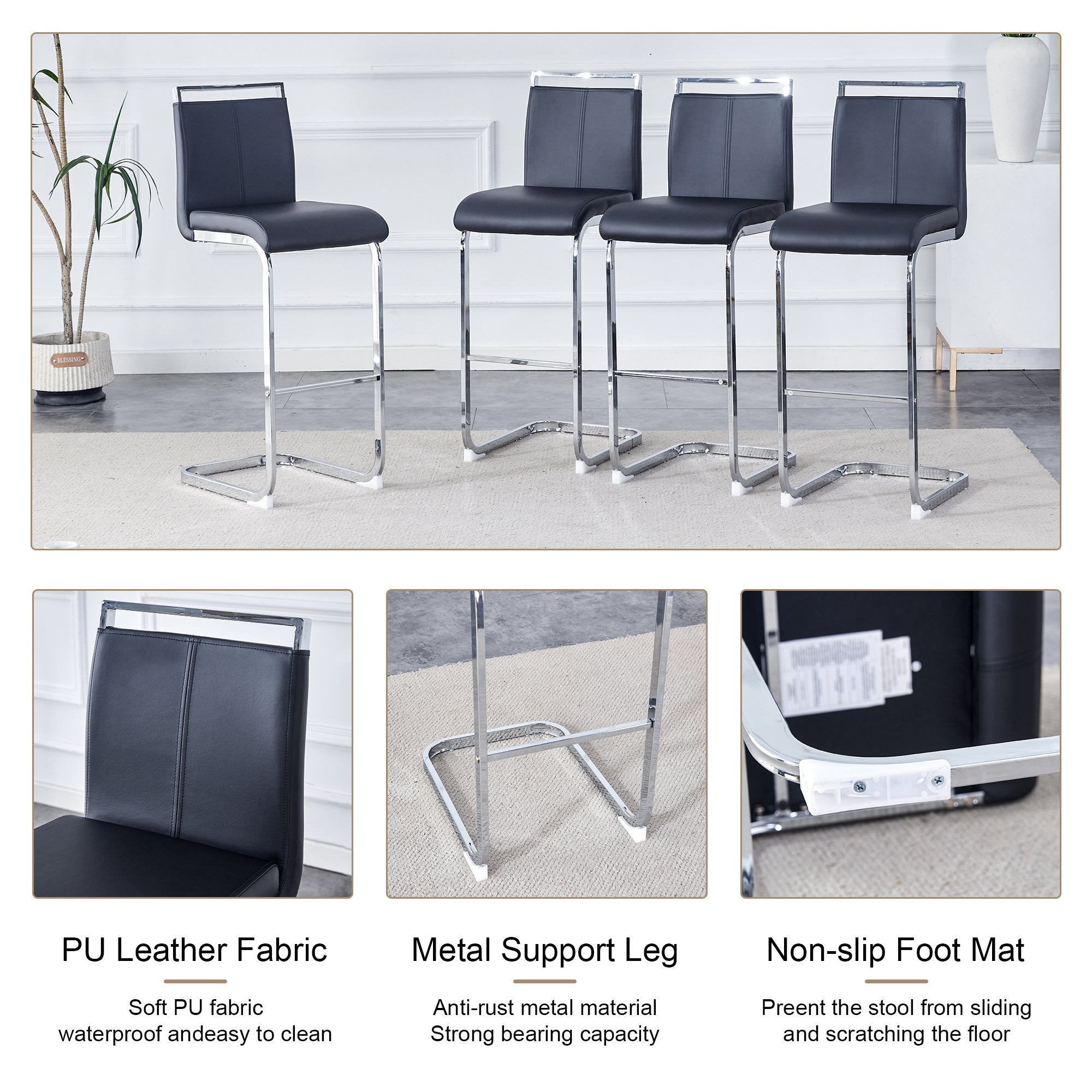 Modern and beautiful bar stool upholstered in PU leather with C-shaped silver metal legs for dining rooms, kitchens, terraces and guest office chairs.(set of 6) (white+PU)