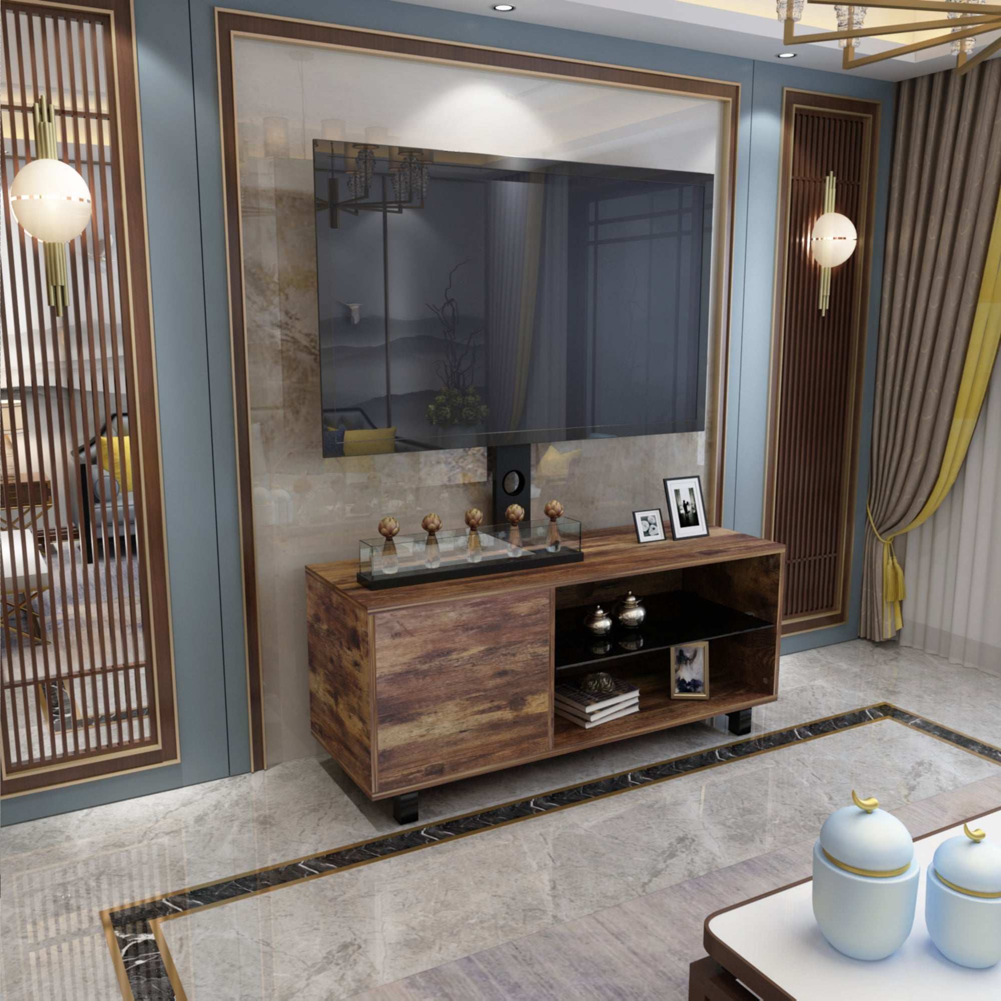 Media console open shelving and cabinet storage view