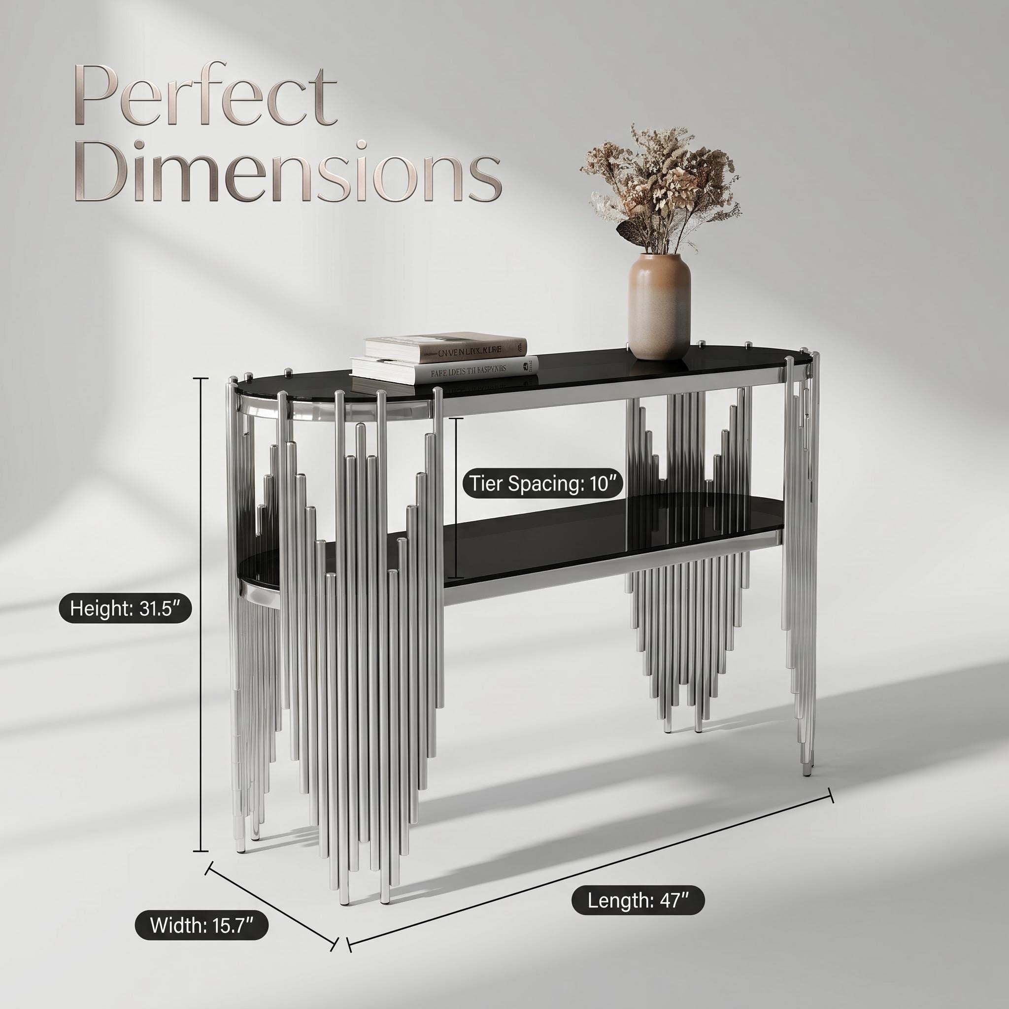 Silver console table tiered stainless steel tube legs detail