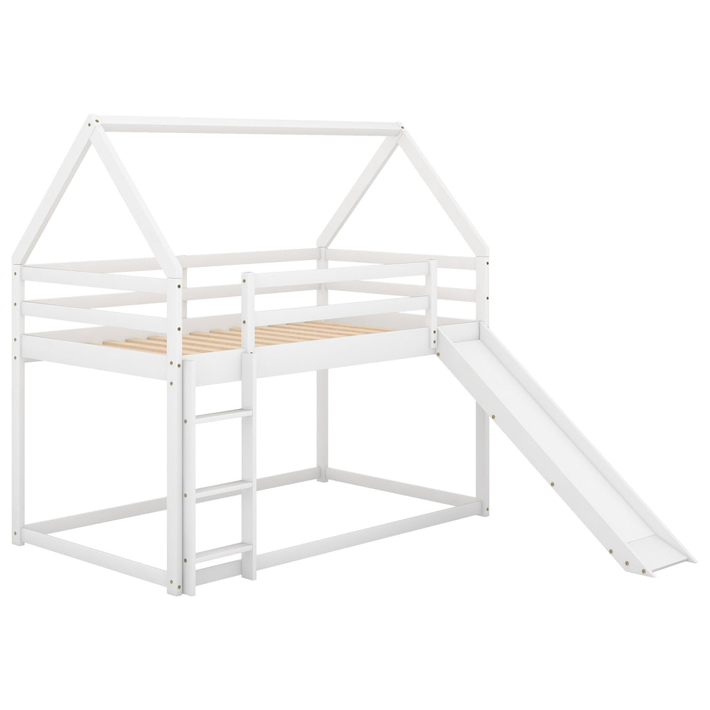 White twin bunk house bed with slide and ladder — front view