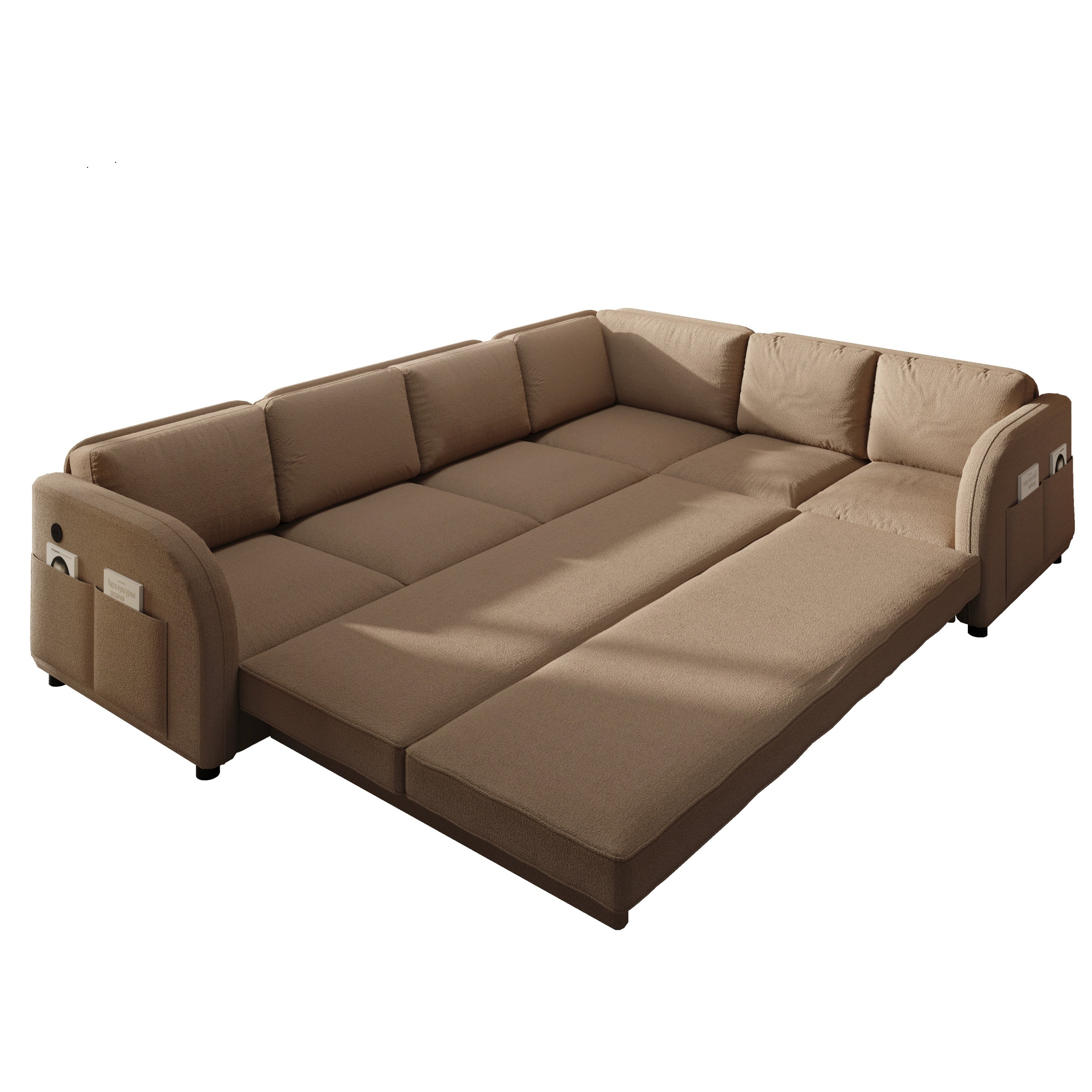 115.2' L-Shaped Sofa Couch with Pull-Out Bed,Oversize Convertible Sleeper Sofa with side Pocket & USB Port,Teddy Upholstered Sectional Couches with Convert Left/Right Facing, Light Grey
