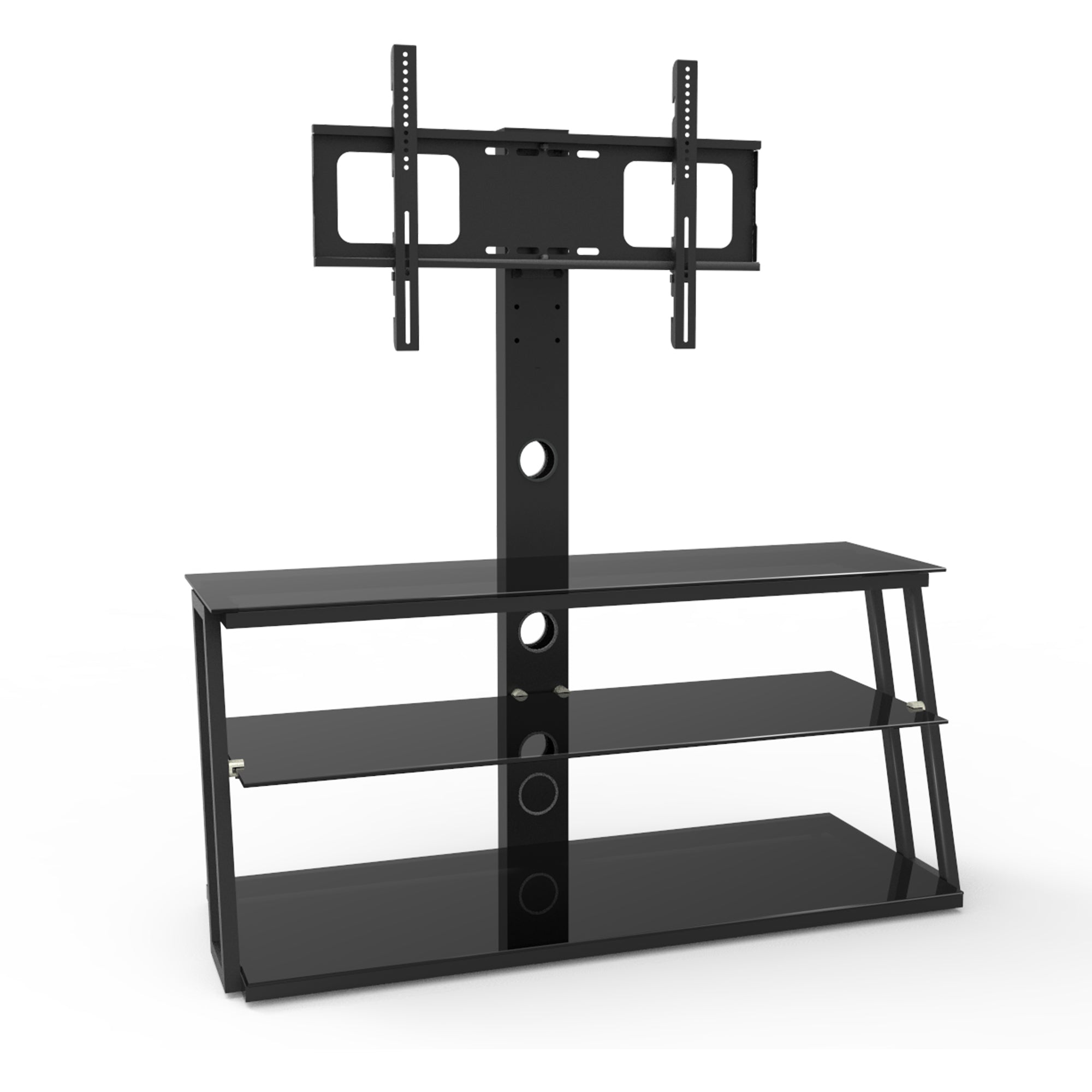 Adjustable TV stand with glass shelves and metal frame
