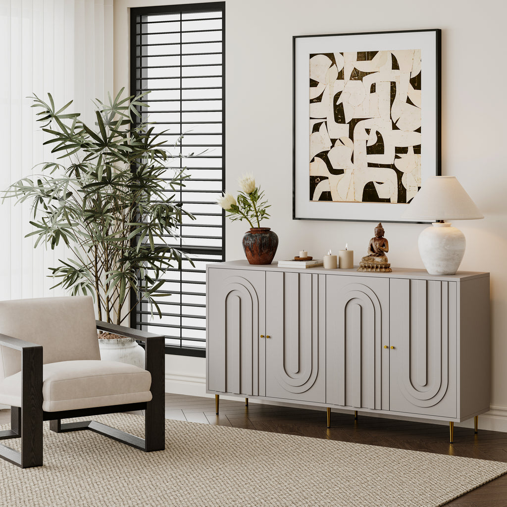 Gray lacquered storage cabinet gold door knobs — angle view
