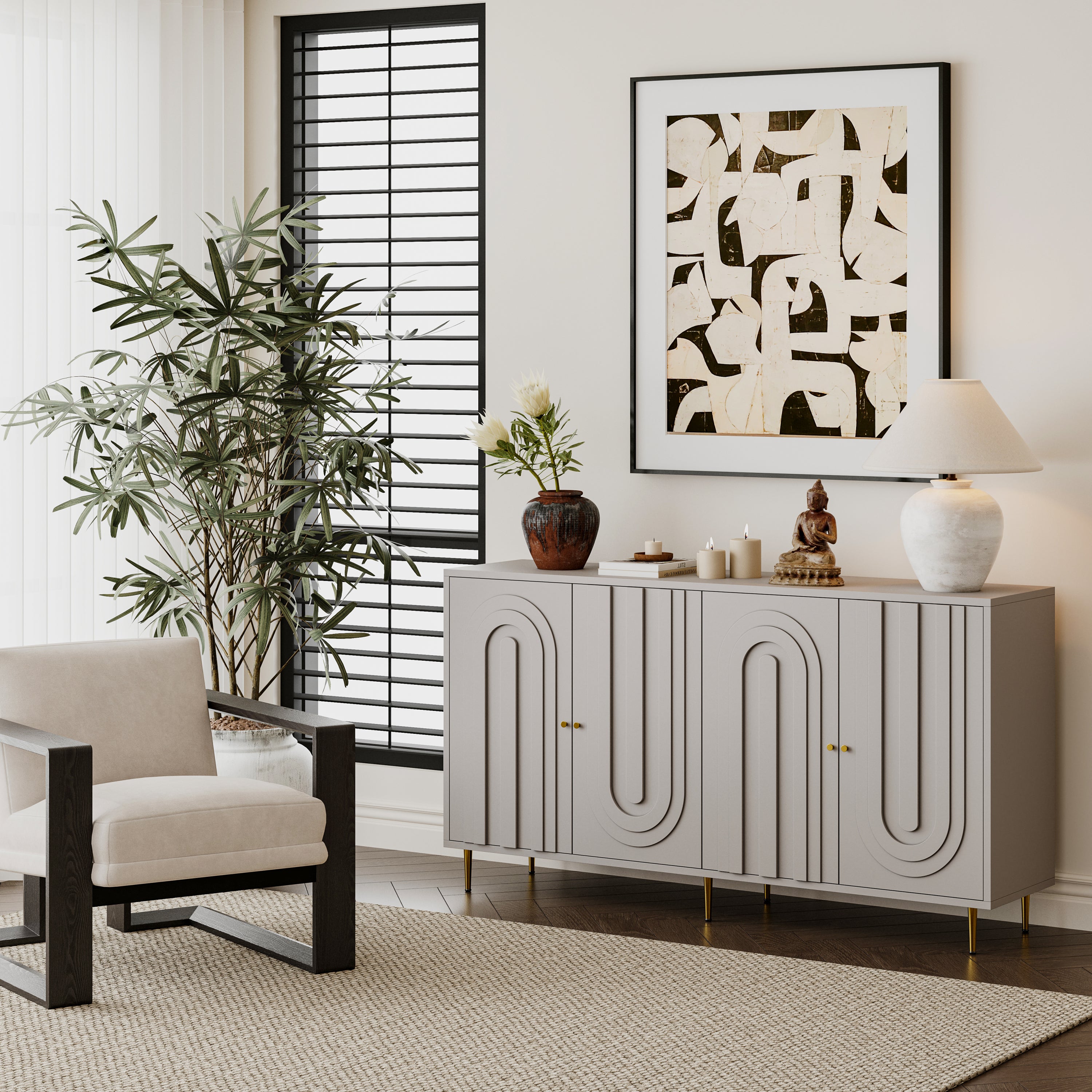 Gray lacquered storage cabinet gold door knobs — angle view