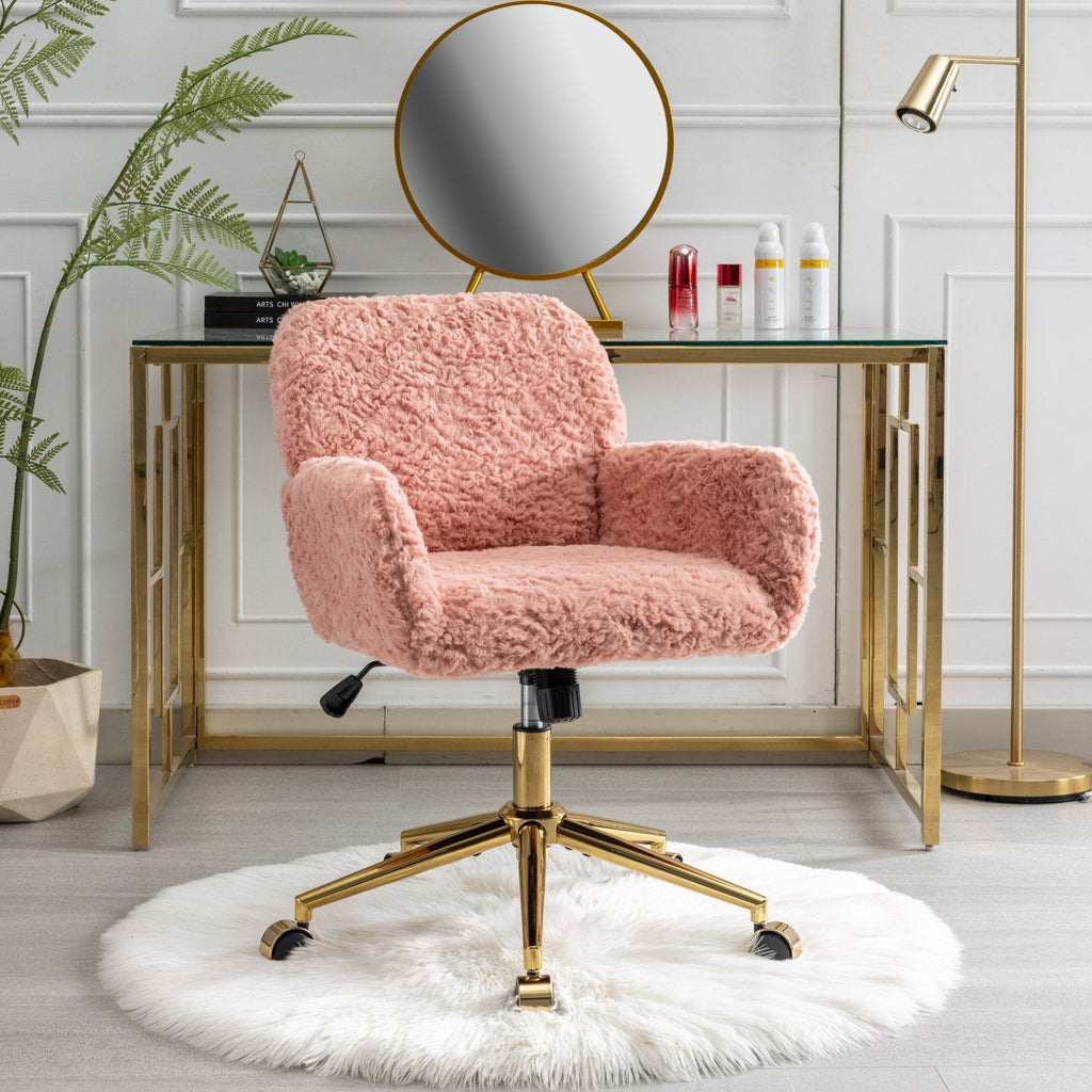 Faux Fur Office Chair — 40° Reclining with Gold Metal Base & Wheels