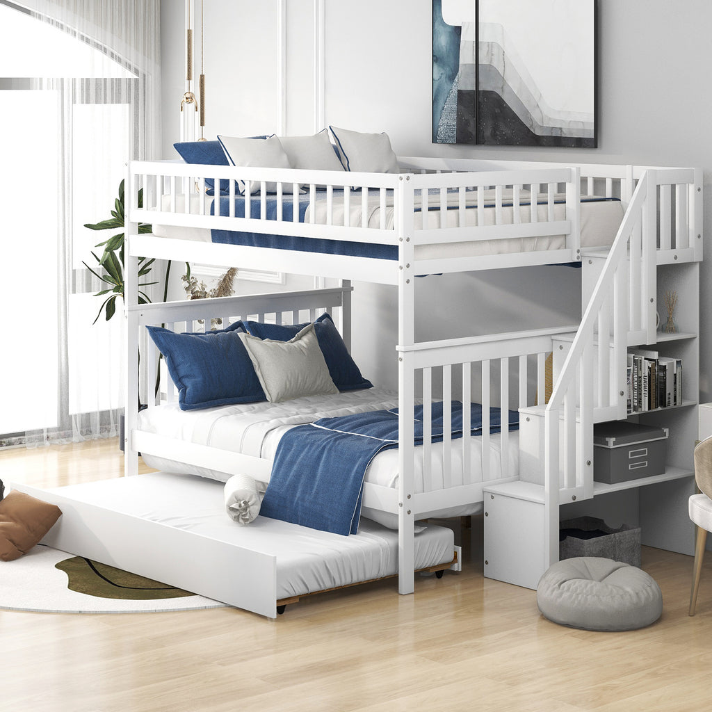 Full-over-full bunk bed with built-in stairway — angle view