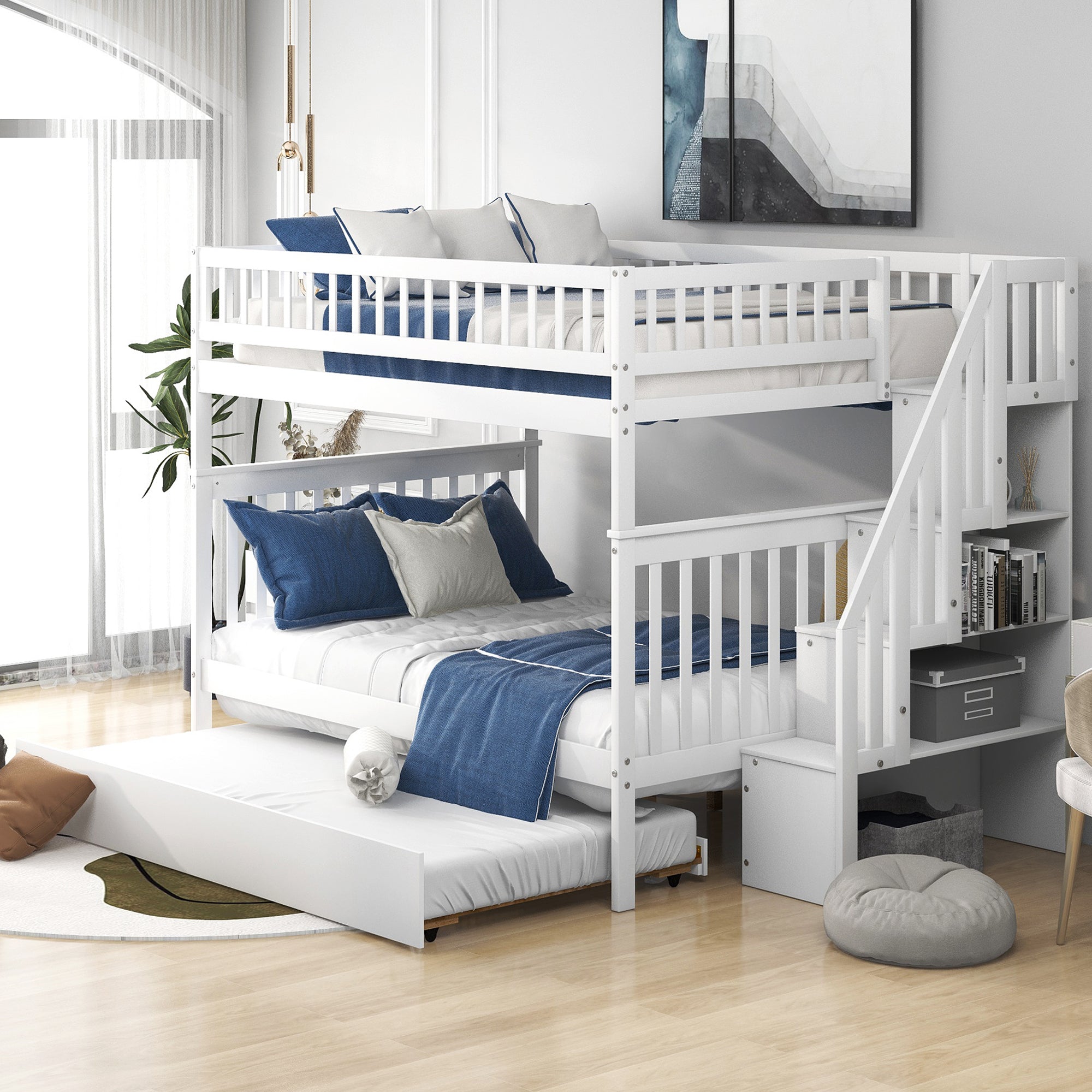 Full-over-full bunk bed with built-in stairway — angle view