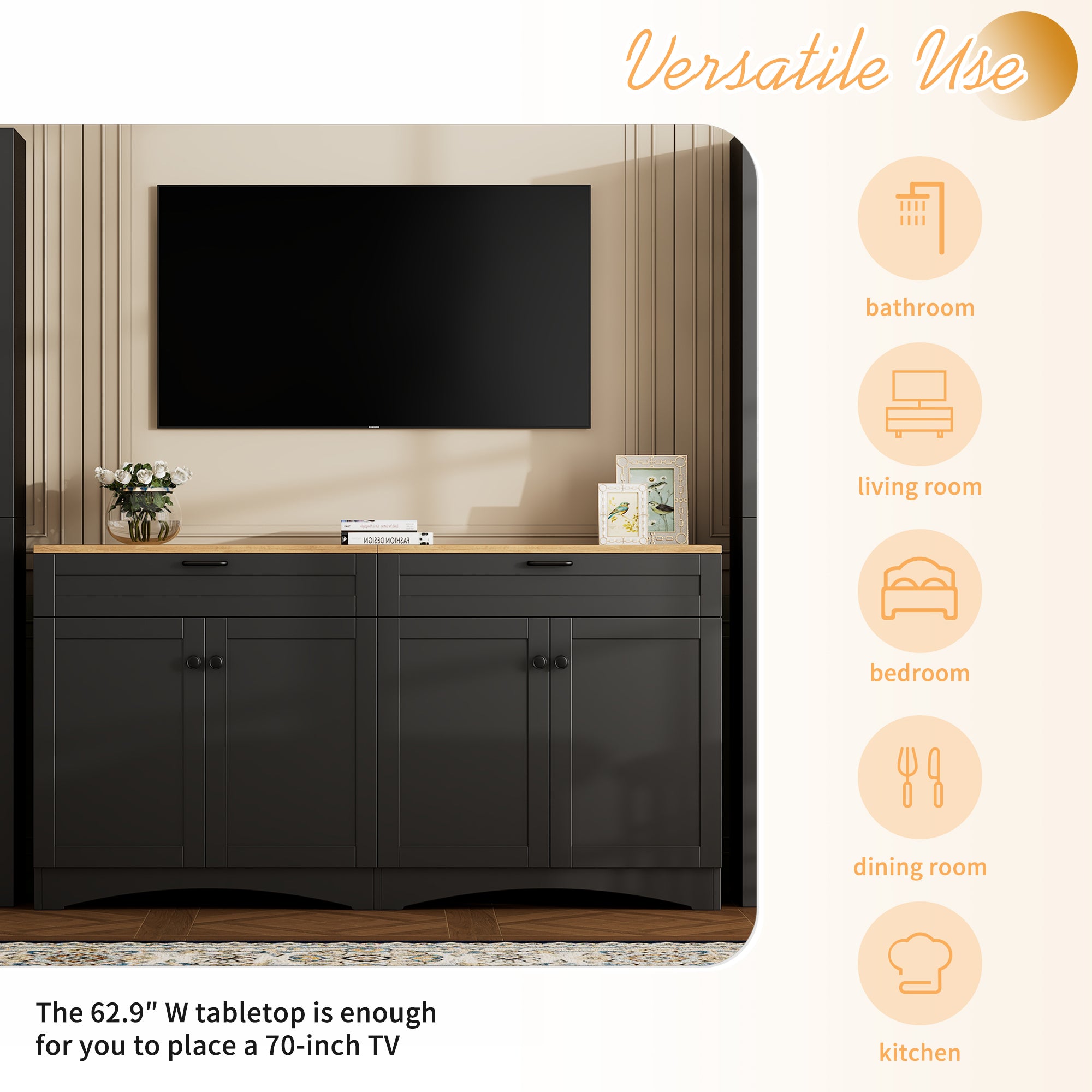 3-piece black TV stand with adjustable storage cabinets angle view