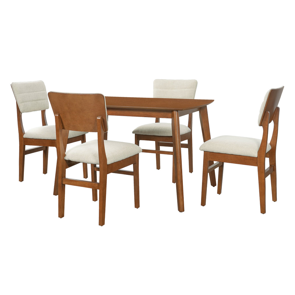 Farmhouse Dining Table Set for 4, Wood Kitchen Table & 4 Upholstered Chairs with Sturdy Rubber Wood Frame, Padded Seat, Curved Backrest, Space-Saving Dinette Set for Dining Room, Brown+Gray