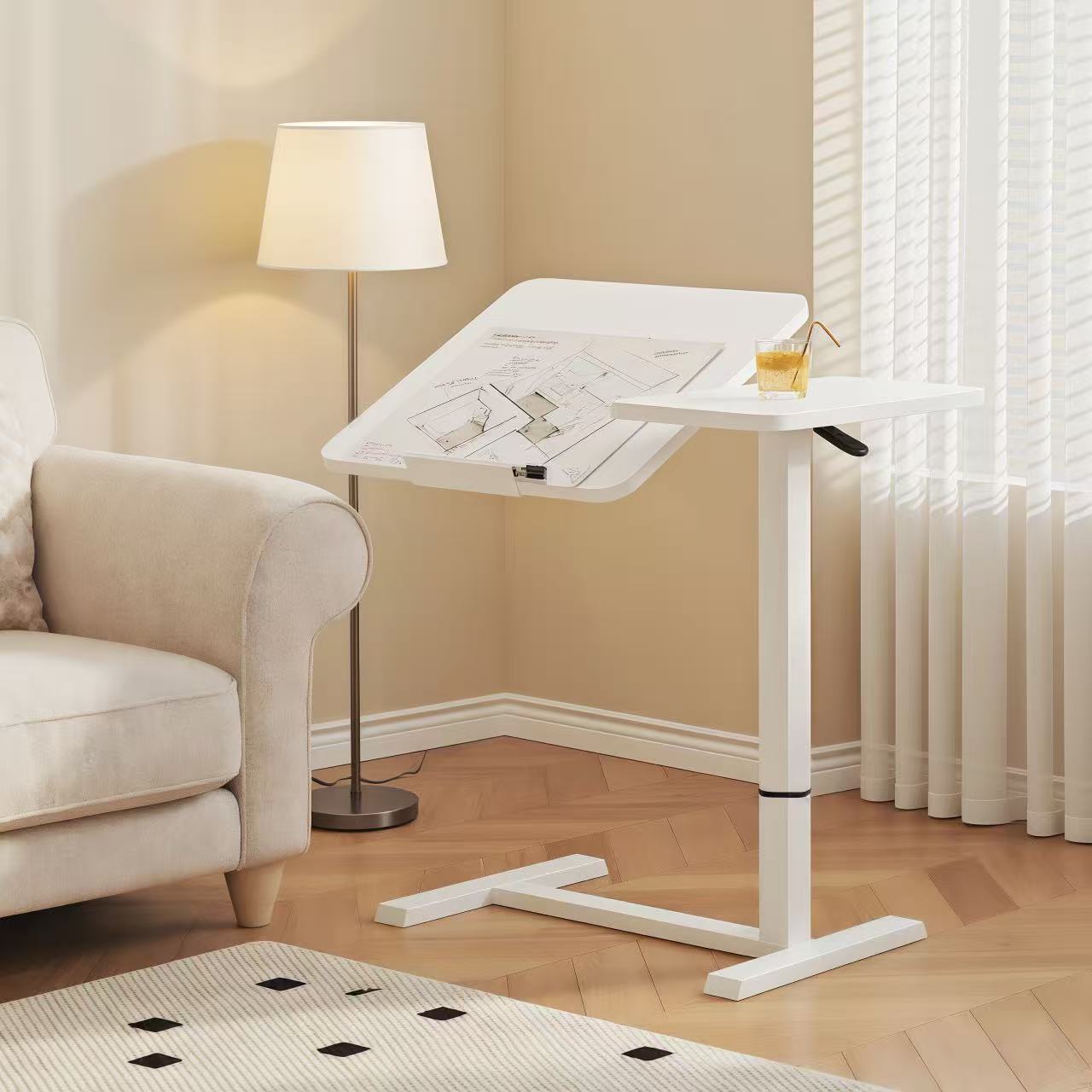 (UPGRADED) Overbed Bedside Desk, Mobile Rolling Laptop Stand Tilting Overbed Table with Wheels, Height Adjustable Tray Bedside Table for Laptop Bed Sofa, WHITE