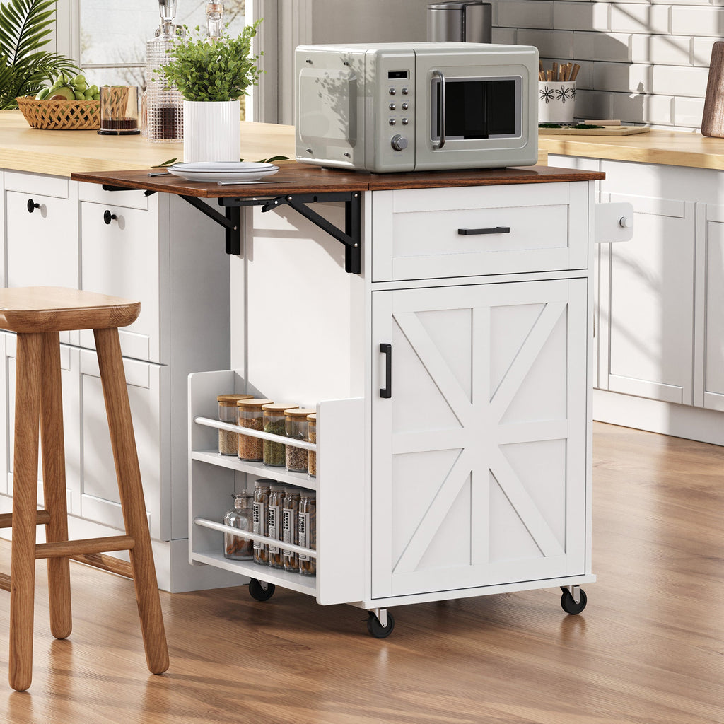 K&K 39.3' Farmhouse Kitchen Island with Drop Leaf, Kitchen Storage Island with Open Side Rack, One Drawer, Towel Rack, Rolling Kitchen Cart with Lockable Wheels for Lawn Garden, Black