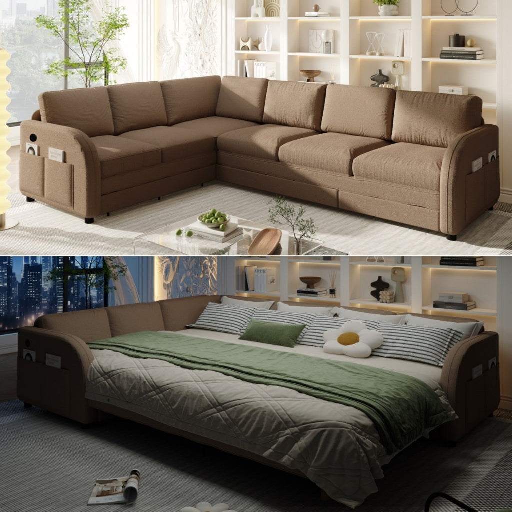 115.2' L-Shaped Sofa Couch with Pull-Out Bed,Oversize Convertible Sleeper Sofa with side Pocket & USB Port,Teddy Upholstered Sectional Couches with Convert Left/Right Facing, Light Grey