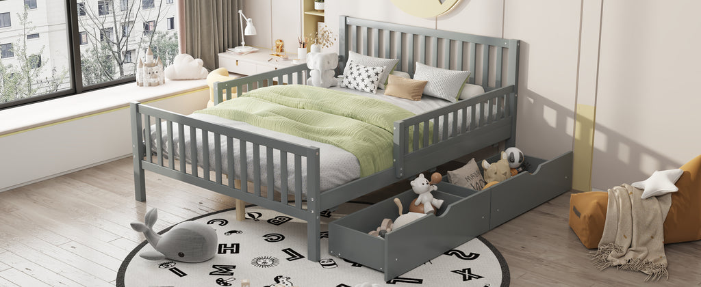 Full-size gray platform bed — footboard view