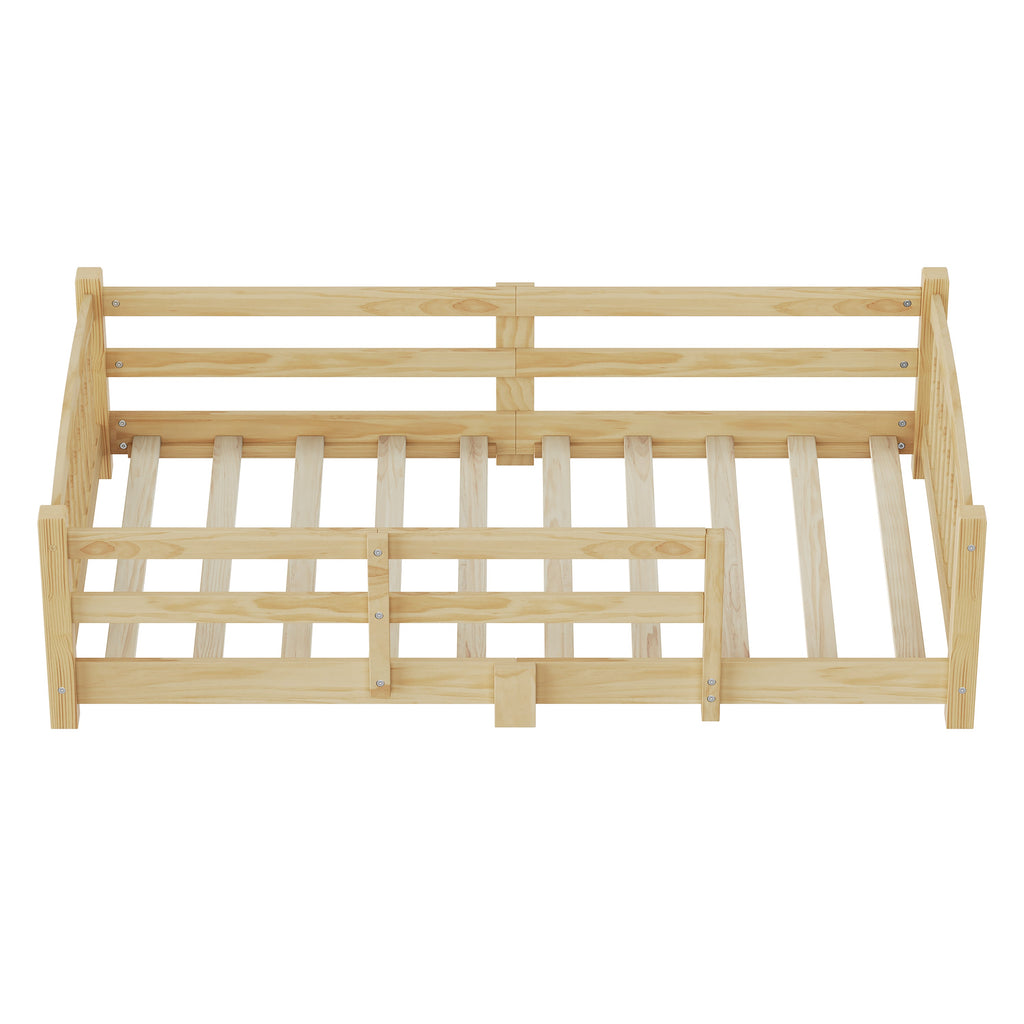 Twin Montessori Floor Bed with Slats and Safety Guardrails, Solid Wood Floor Bed with Fence and Without Door, Easy Assemble Montessori Bed for Girls and Boys, Gray