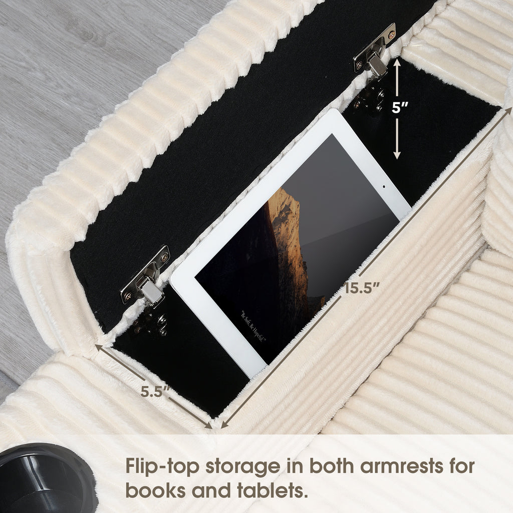 Beige sectional sofa armrest storage compartment detail