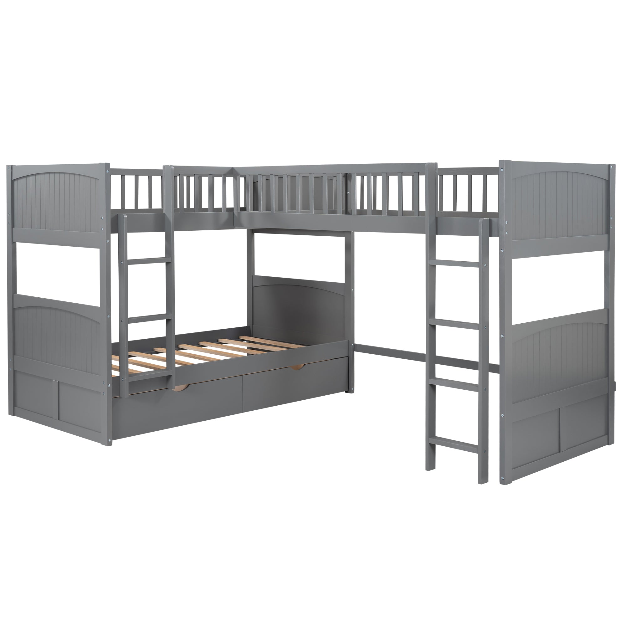 Triple sleep bunk and loft bed corner layout overview