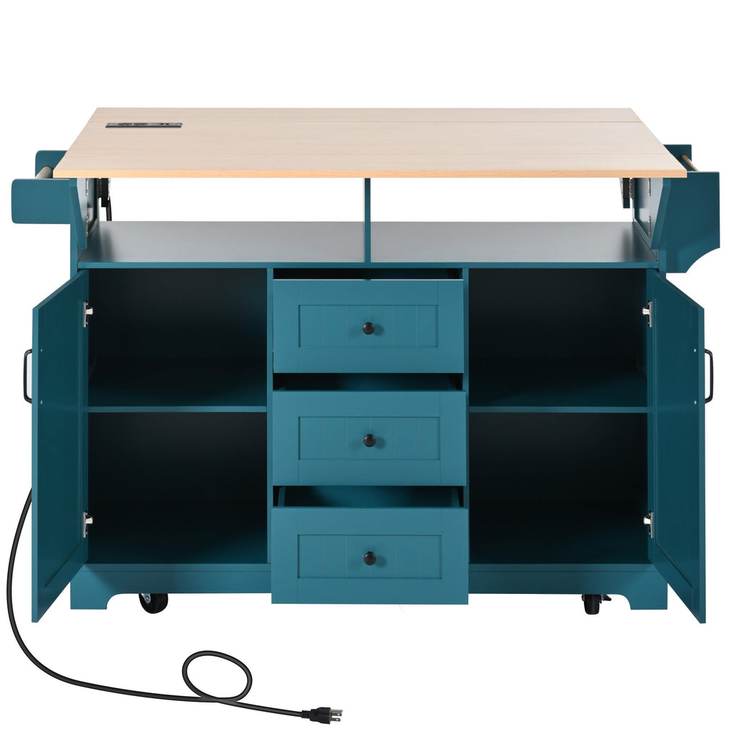 K&K 55.7'' Large Kitchen Island with 2 Drop Leaf,, Rolling Kitchen Cart on 5 Wheels with Power Outlet, Folding Storage Dining Table with Spice & Towel Rack , 3 Drawers, for Kitchen, Dining Room,Black