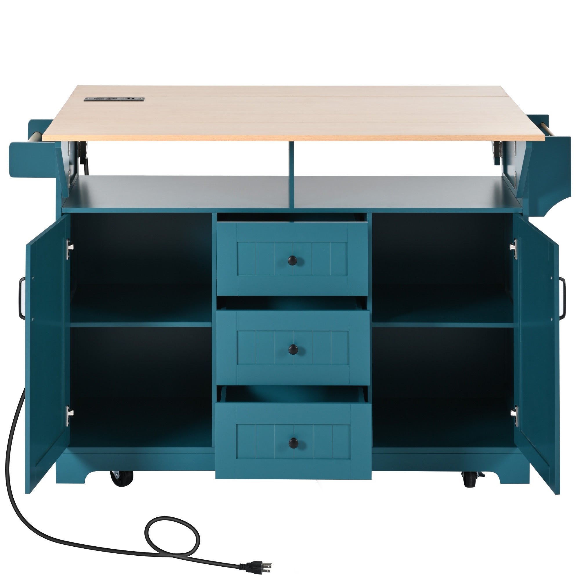 K&K 55.7'' Large Kitchen Island with 2 Drop Leaf,, Rolling Kitchen Cart on 5 Wheels with Power Outlet, Folding Storage Dining Table with Spice & Towel Rack , 3 Drawers, for Kitchen, Dining Room,Black