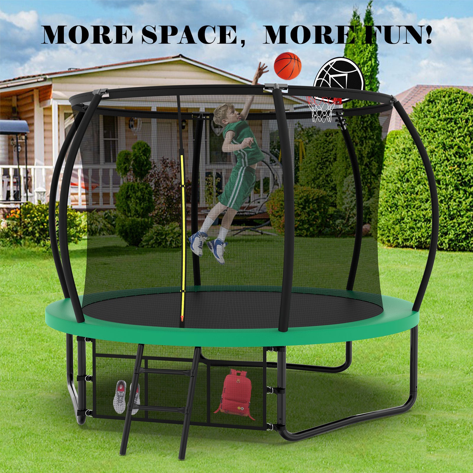 Green pumpkin-shaped trampoline ladder entry detail