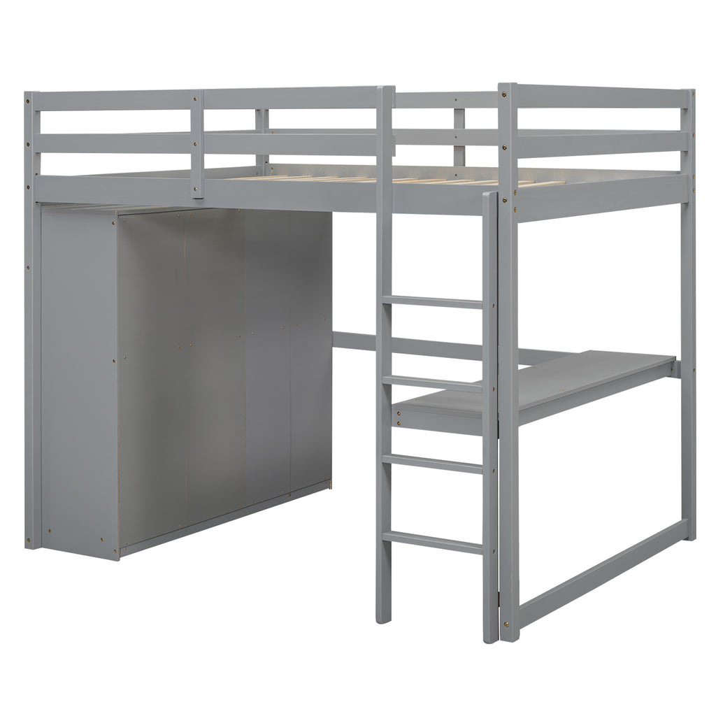 Built-in wardrobe and drawer storage under loft bed