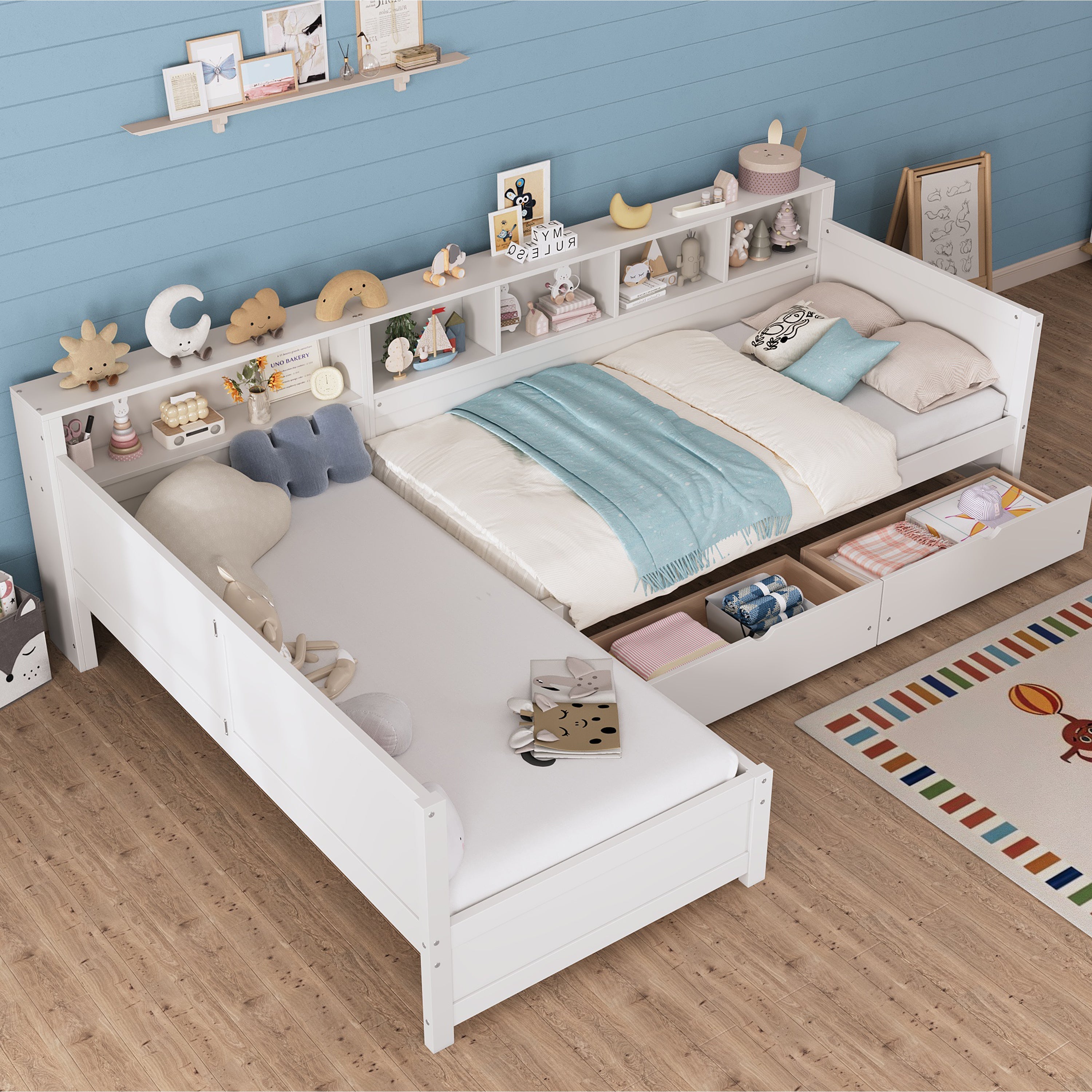 Twin Size Day Bed for 2, L- Shape Twin Size Bed Frame with Storage 3 Drawers, Wooden Corner Bed with Bookshelf, Corner Bed Frame For Bedroom, Living Room,Grey