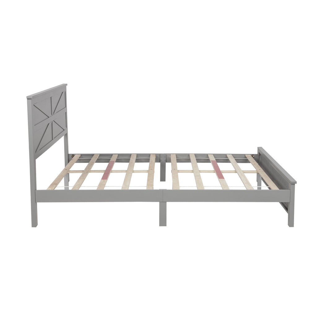 Farmhouse Style Queen Size Bed with Barn Door Designed Headboard and Footboard, Pinewood Bed with Strengthened Bed Frame ,White