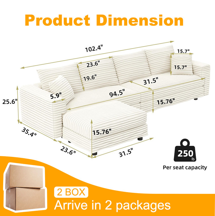 102.4 'Plush Corduroy 4-Seat Sofa,Modern Comfy Upholstered Sofa Cloud Couch,Deep Seat Couches with Soft Pillows and 3 Ottomans,Convertible Sofa Lounge Chair,Black(Old SKU:W1885S00287)