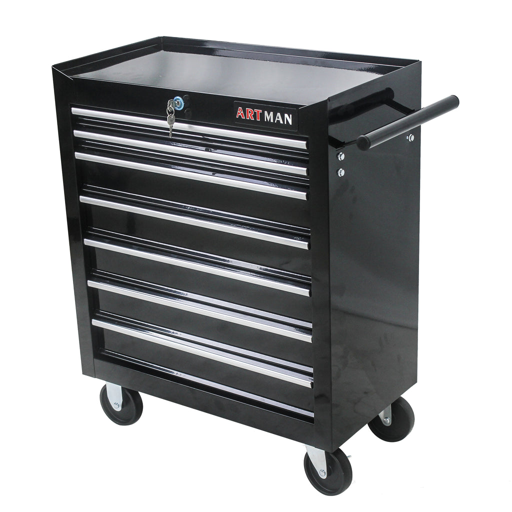 Key lock detail on black multifunctional tool cart