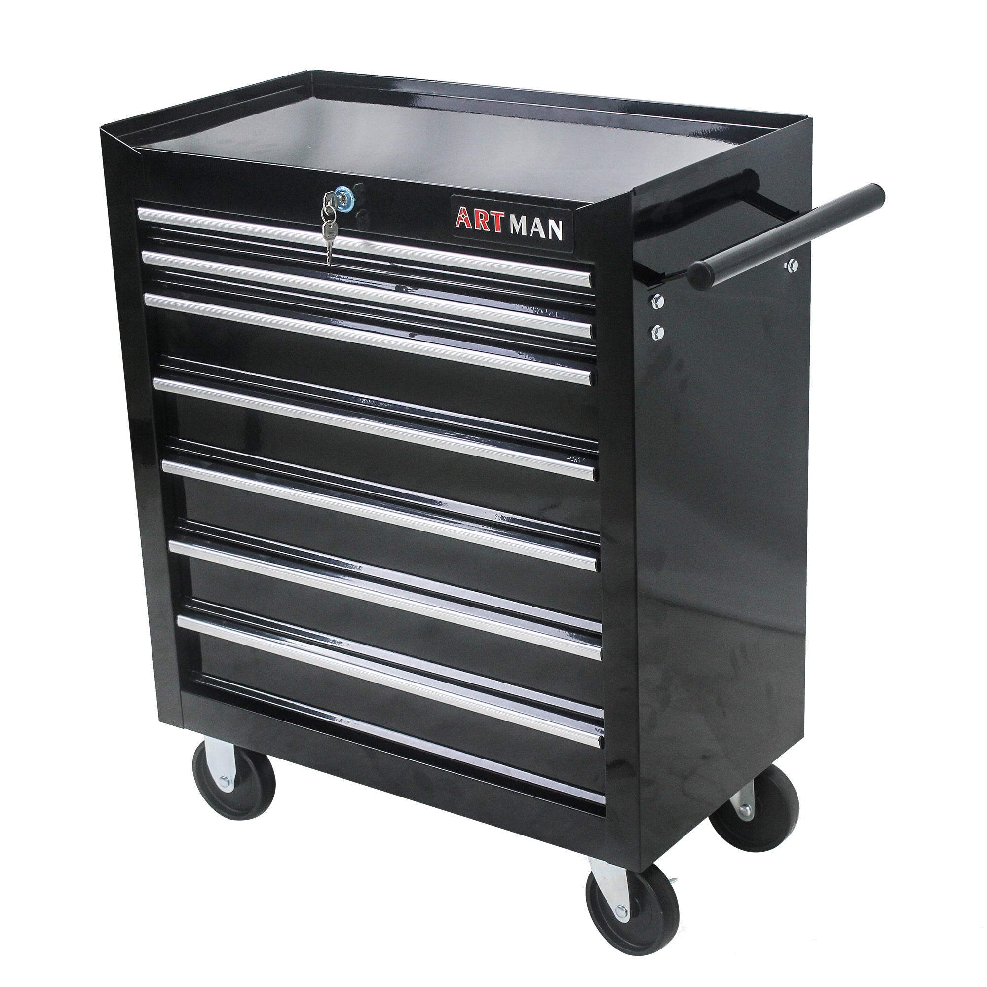 Key lock detail on black multifunctional tool cart