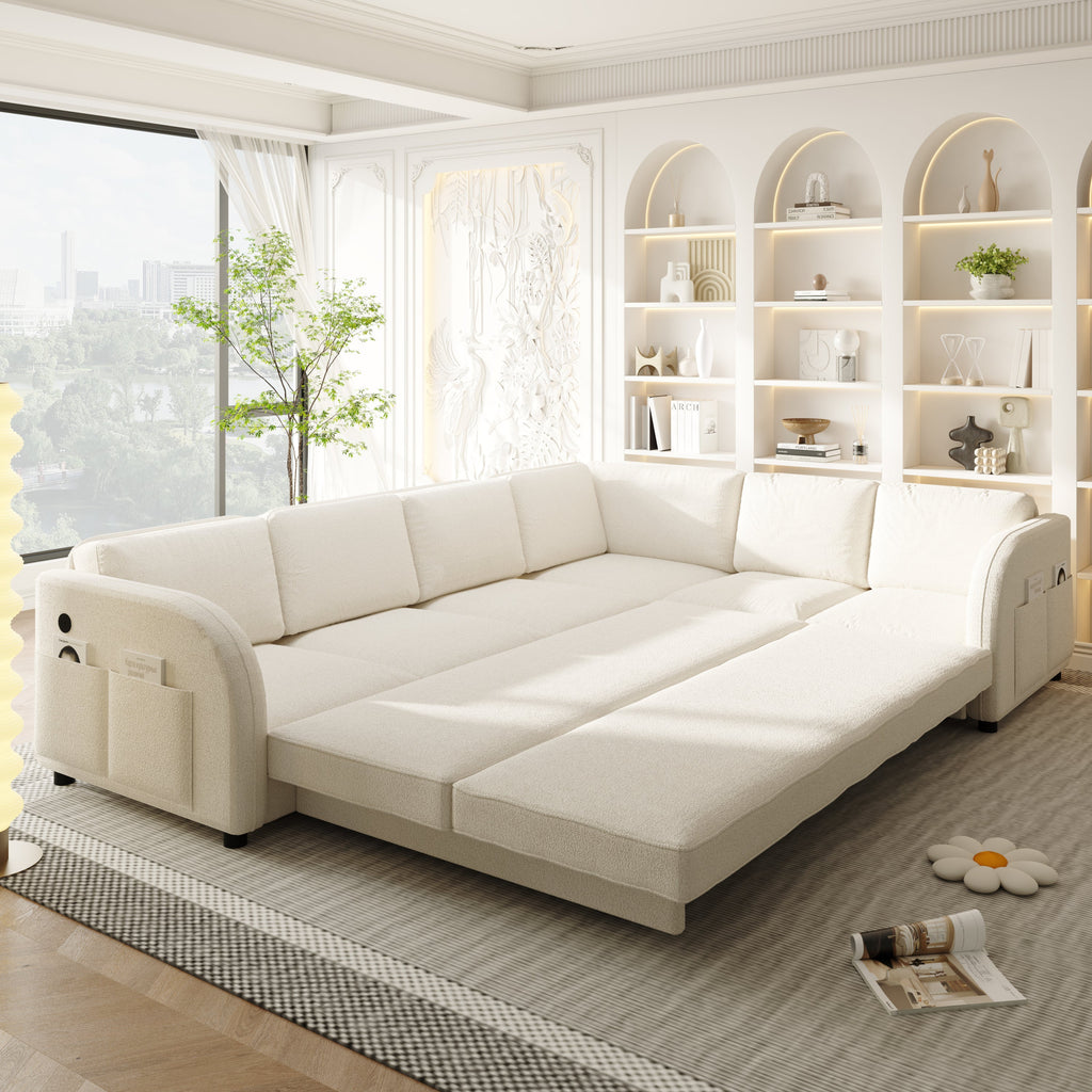 115.2' L-Shaped Sofa Couch with Pull-Out Bed,Oversize Convertible Sleeper Sofa with side Pocket & USB Port,Teddy Upholstered Sectional Couches with Convert Left/Right Facing, Light Grey