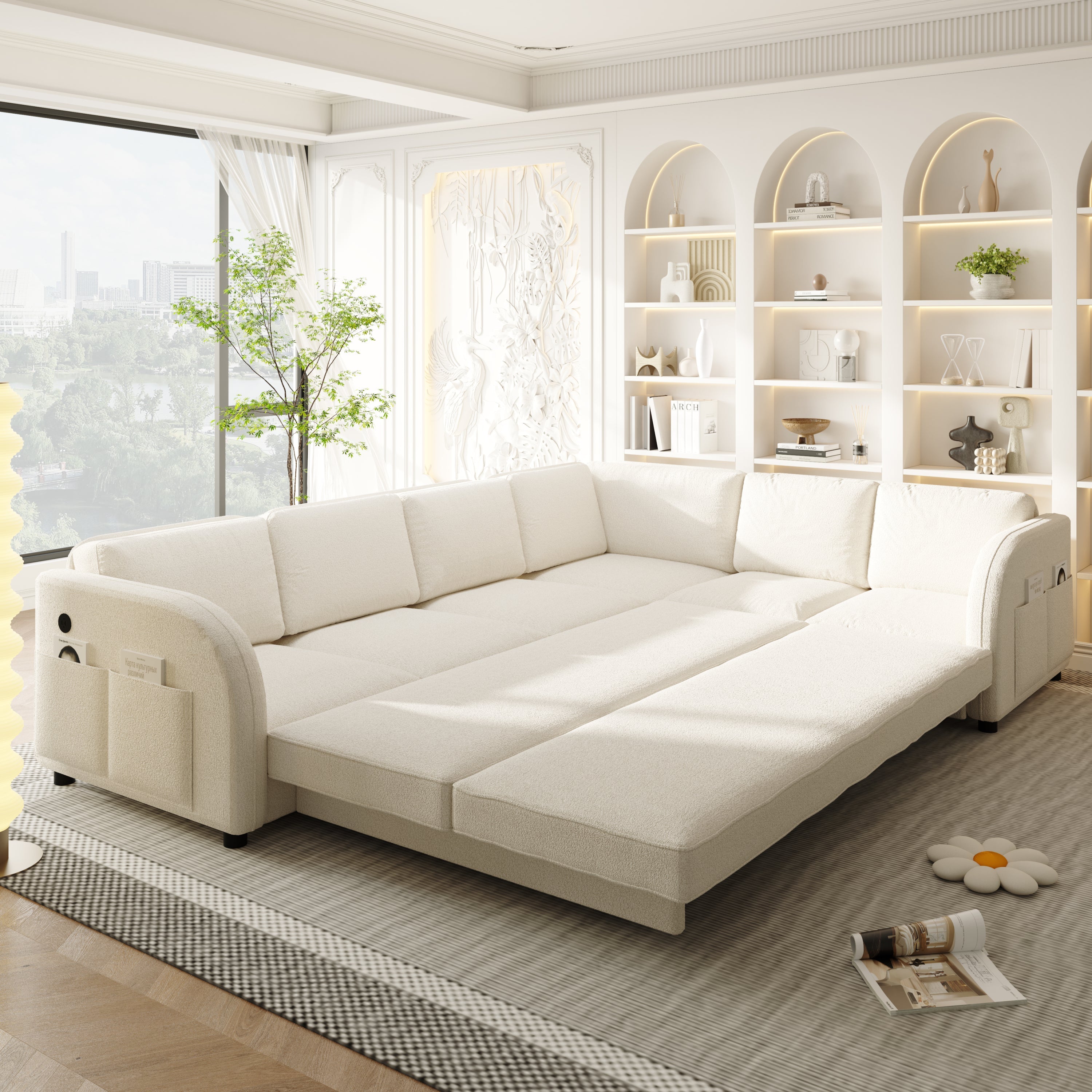 115.2' L-Shaped Sofa Couch with Pull-Out Bed,Oversize Convertible Sleeper Sofa with side Pocket & USB Port,Teddy Upholstered Sectional Couches with Convert Left/Right Facing, Light Grey