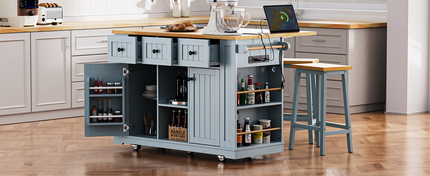 K&K 53inch Large Kitchen Island with Drop Leaf,Power Outlet,Door Internal Storage Rack,Rolling Kitchen Cart on 5 Wheels with 5 Open Side Racks for Kitchen,Black(Two Packages)(Stools not included)
