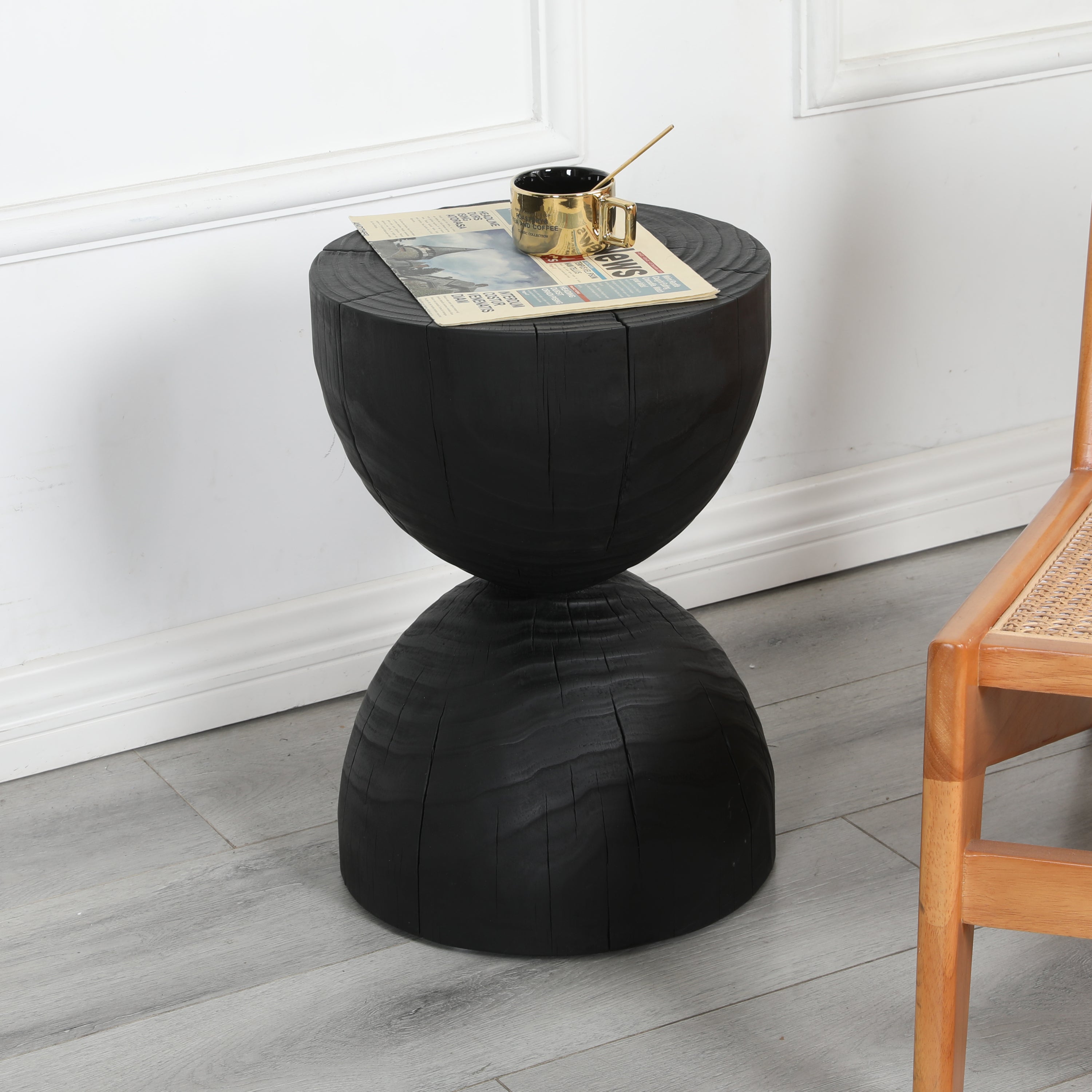 Solid Mango Wood Side End Table in Black, 12.2*18.11 inch Round Contemporary Wooden Accent Table, Small Round Plant Stand, Burnt vintage cracked end table for the Living Room and Bedroom