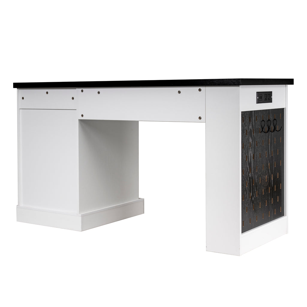 Home office desk open shelving books and supplies layout