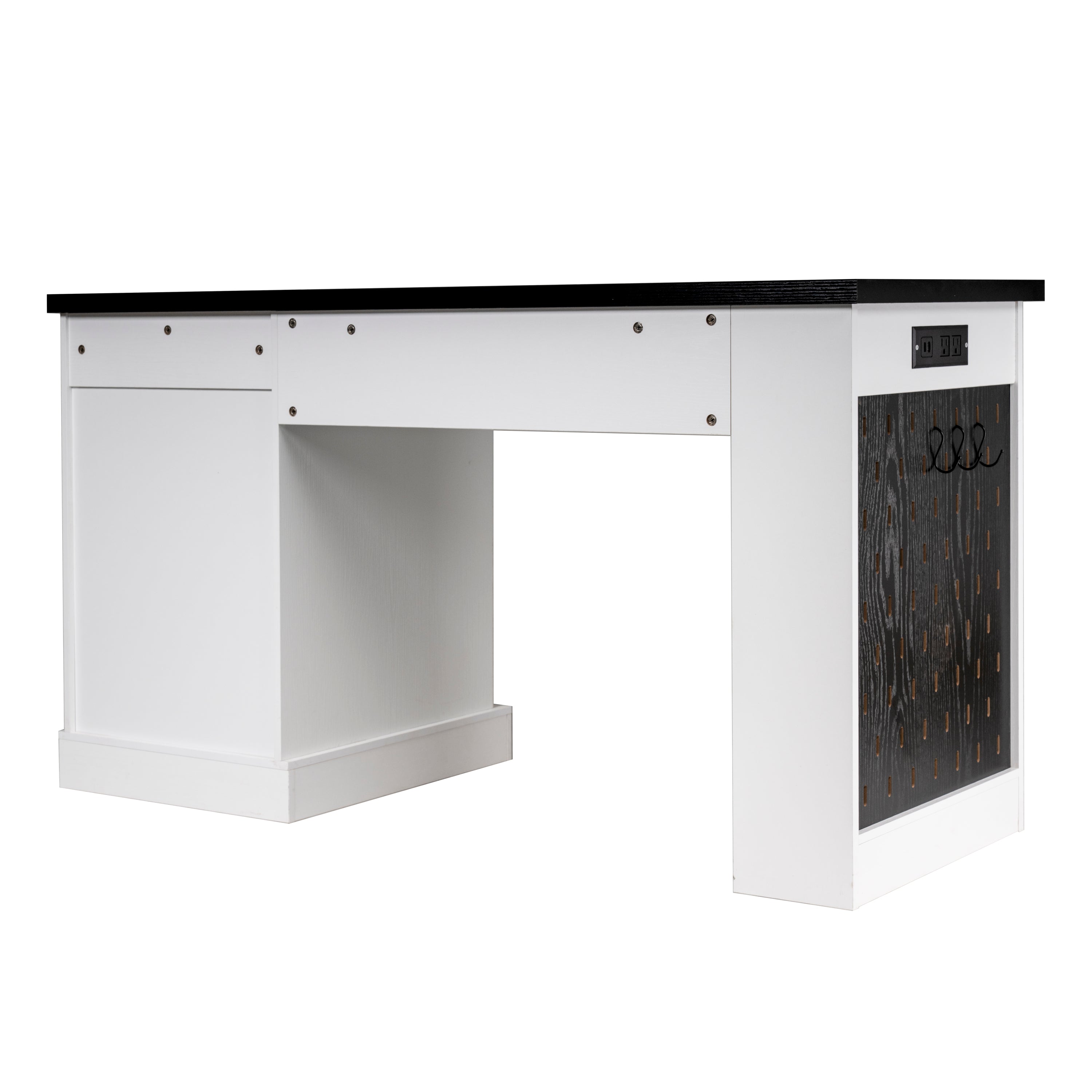 Home office desk open shelving books and supplies layout