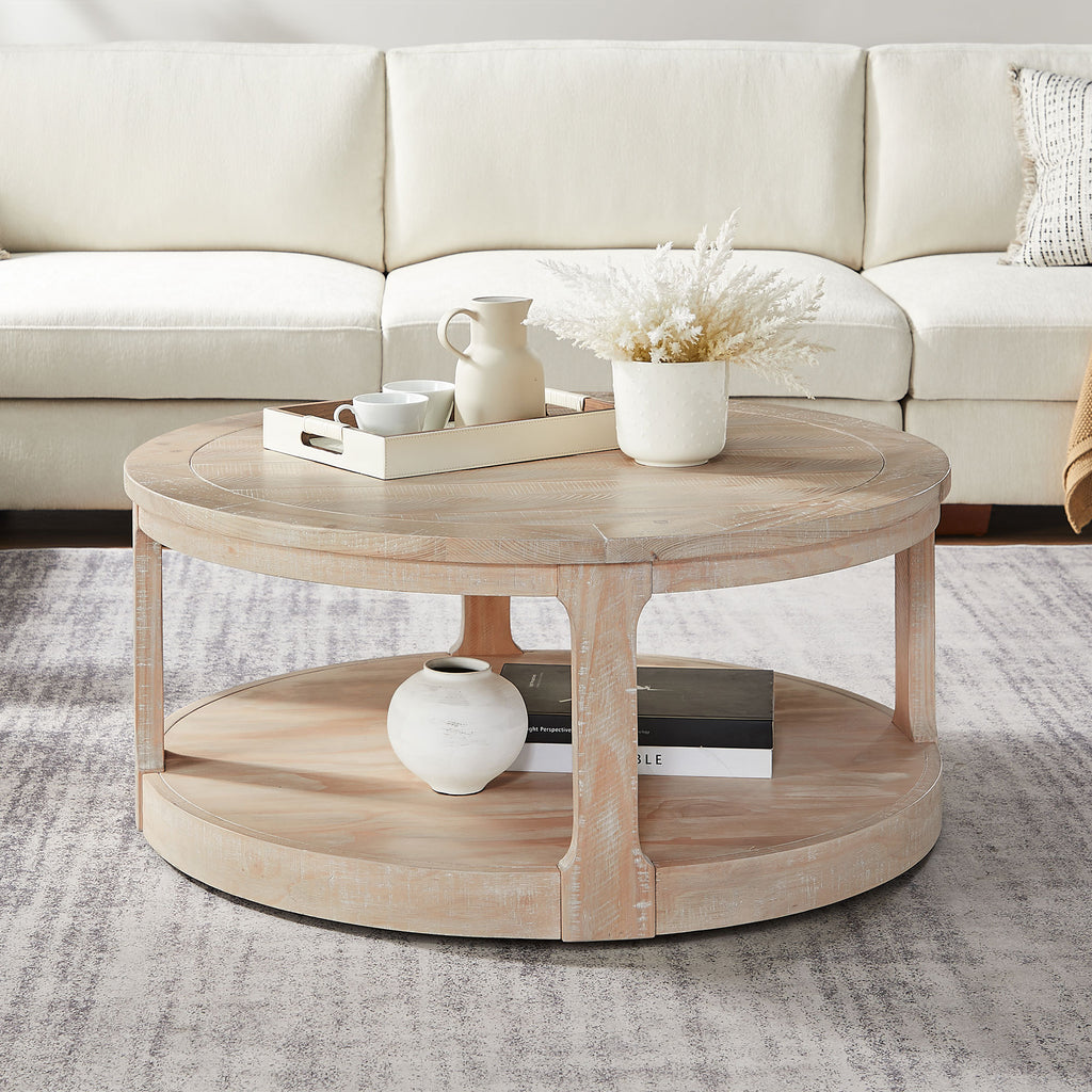 Oak round 2-tier coffee table rustic wood — front view