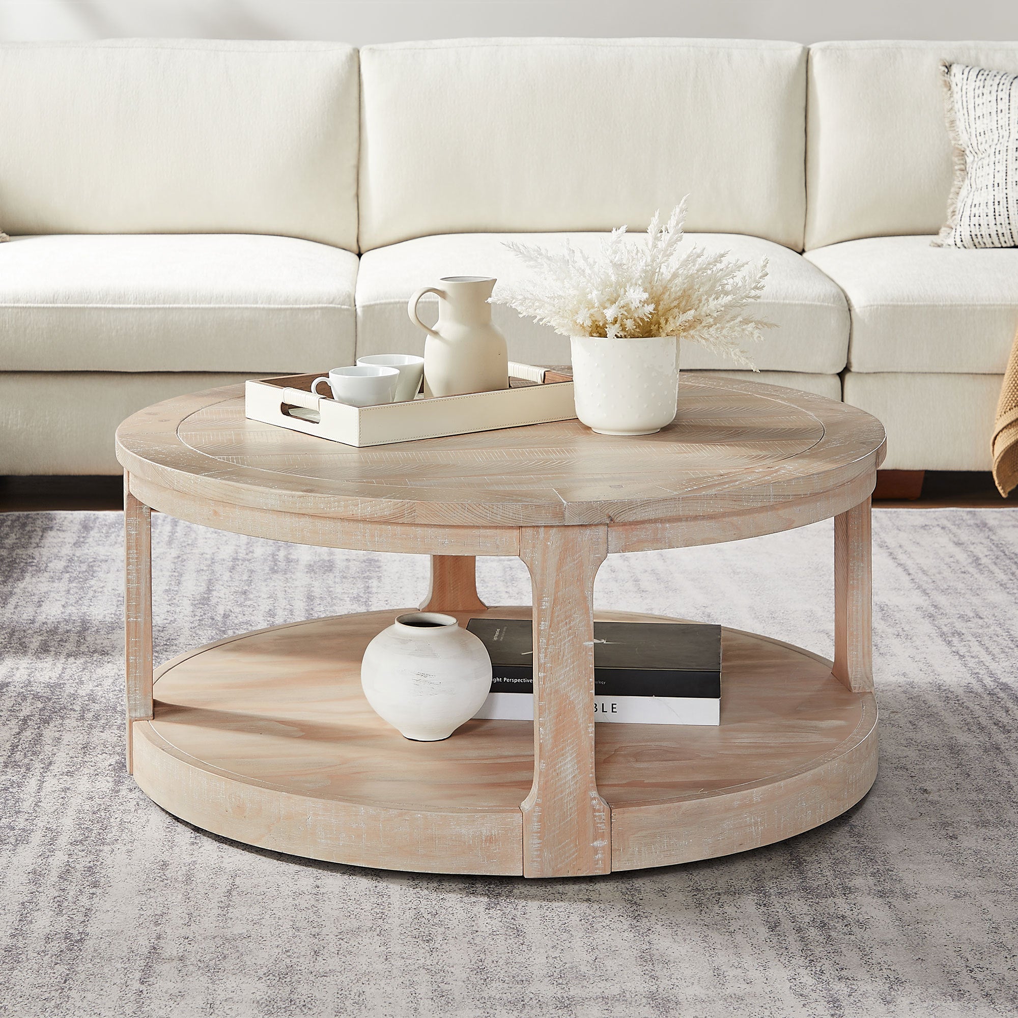 40-Inch Round 2-Tier Coffee Table — Rustic Wooden Center Table with Wheels